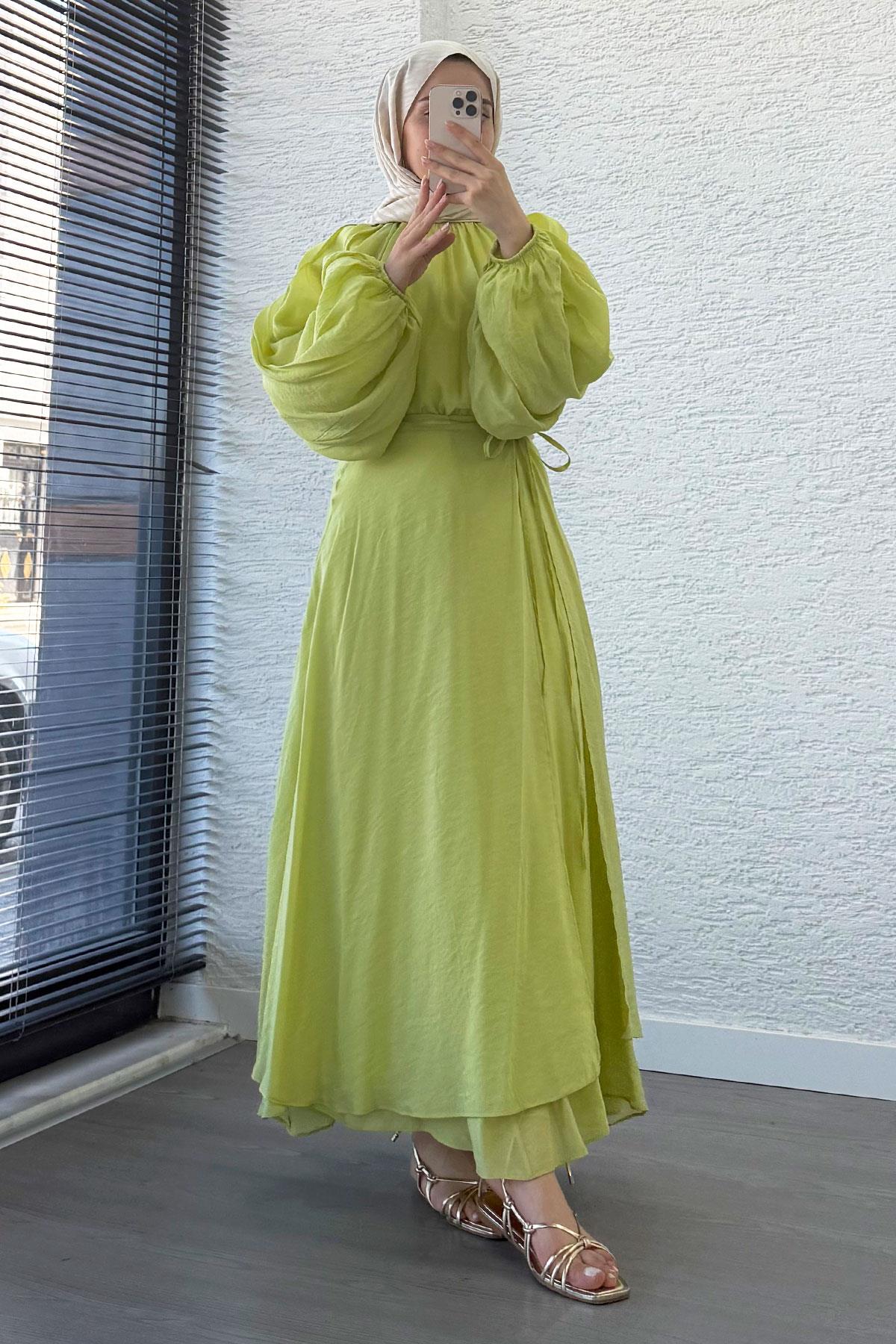 Vuala Bağlamalı Bluz Etek Takım-Yeşil