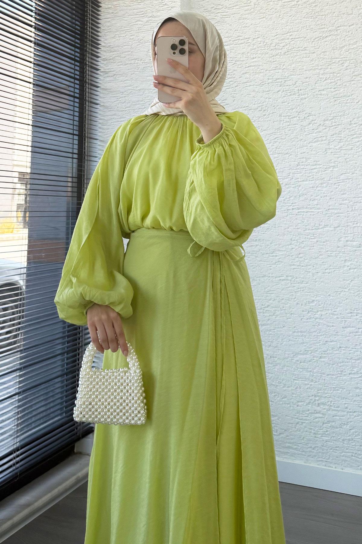 Vuala Bağlamalı Bluz Etek Takım-Yeşil