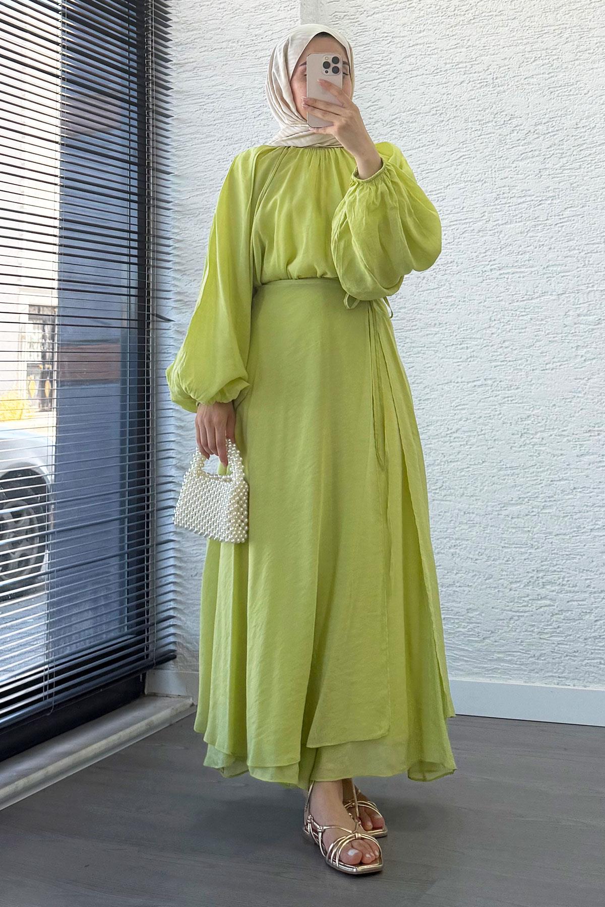 Vuala Bağlamalı Bluz Etek Takım-Yeşil