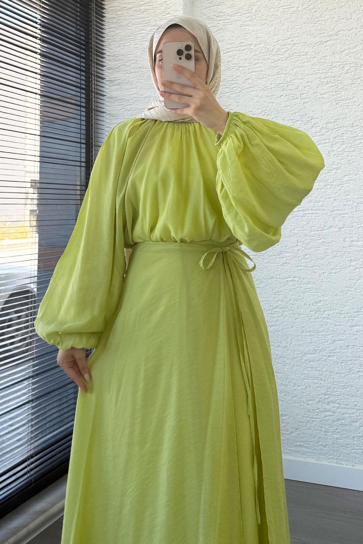 Vuala Bağlamalı Bluz Etek Takım-Yeşil