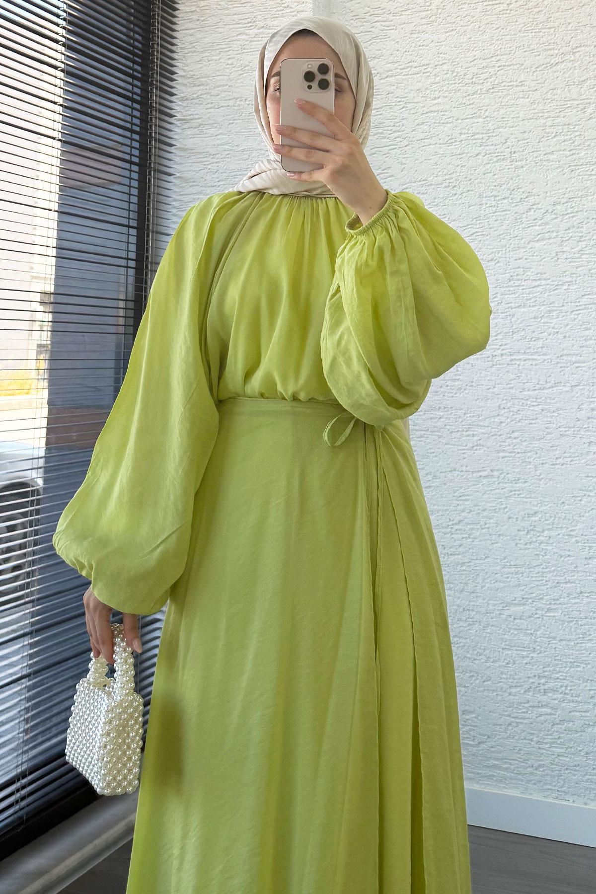 Vuala Bağlamalı Bluz Etek Takım-Yeşil