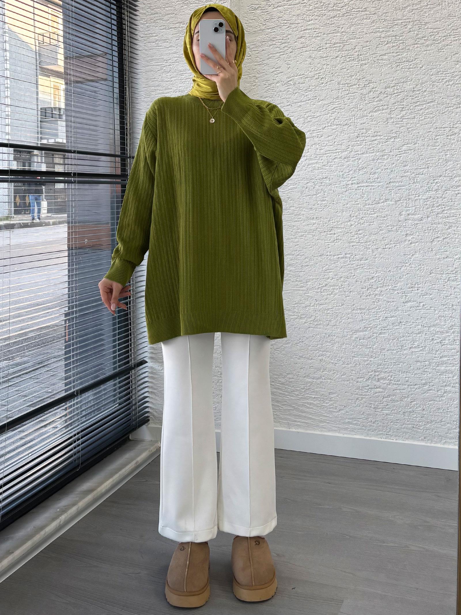 Yağ Yeşili Kadın Fitilli Oversize Kazak