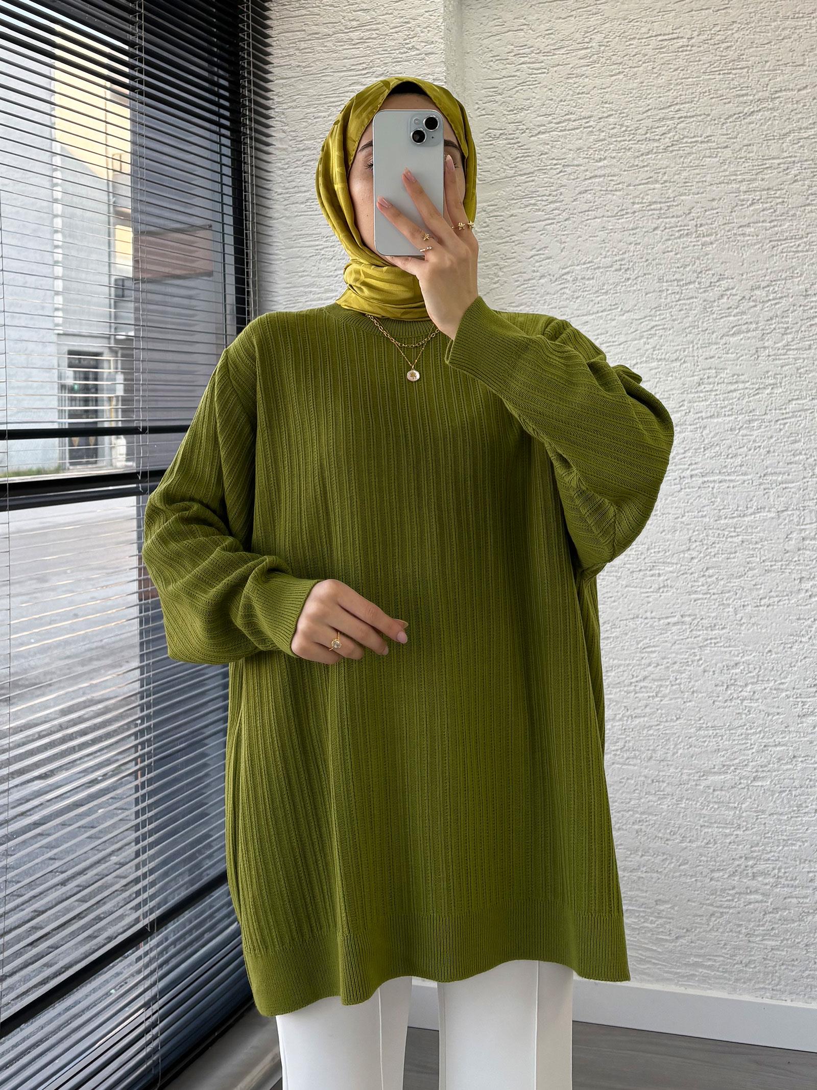 Yağ Yeşili Kadın Fitilli Oversize Kazak