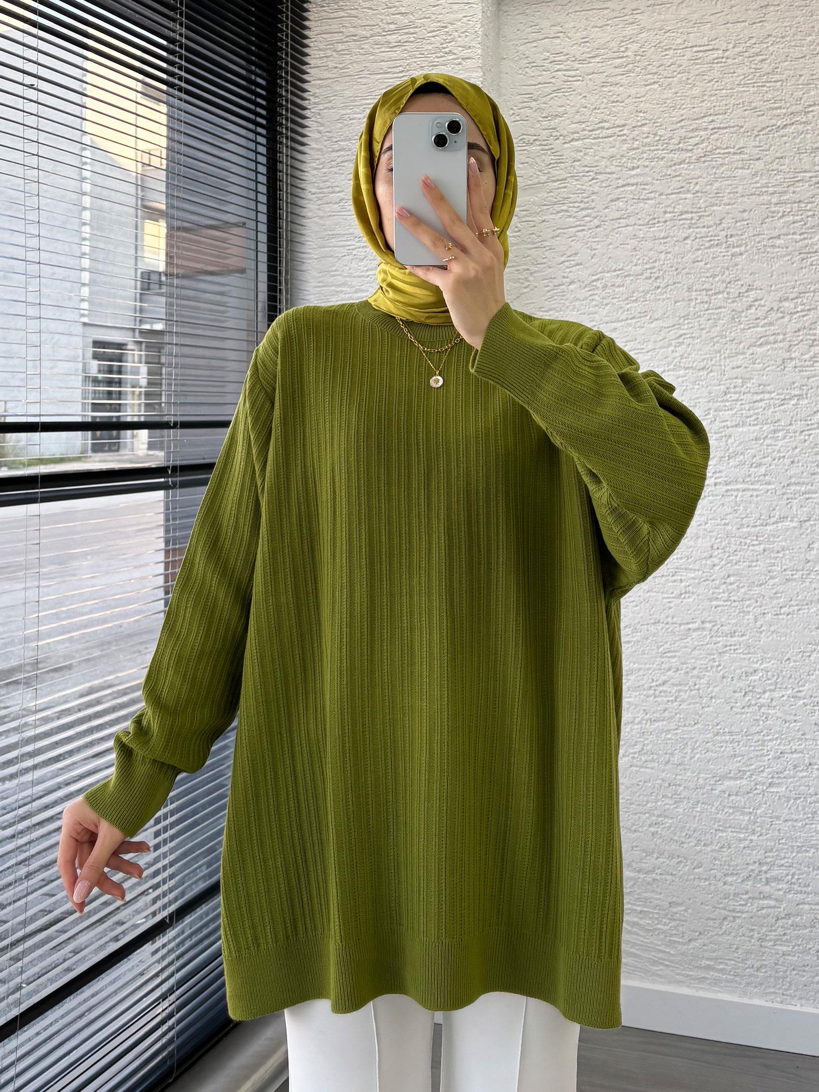 Yağ Yeşili Kadın Fitilli Oversize Kazak