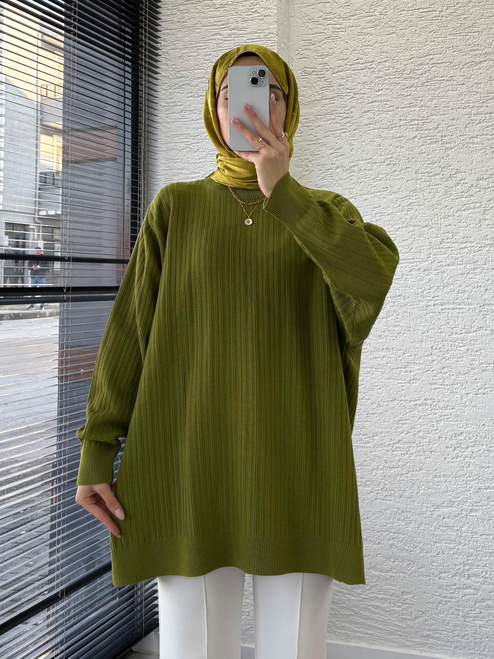 Yağ Yeşili Kadın Fitilli Oversize Kazak
