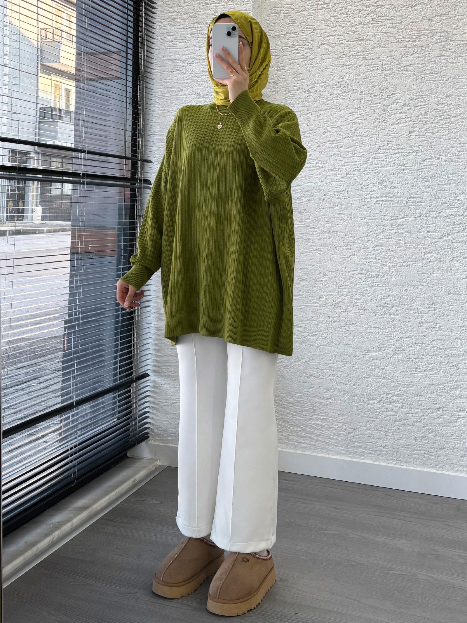 Yağ Yeşili Kadın Fitilli Oversize Kazak