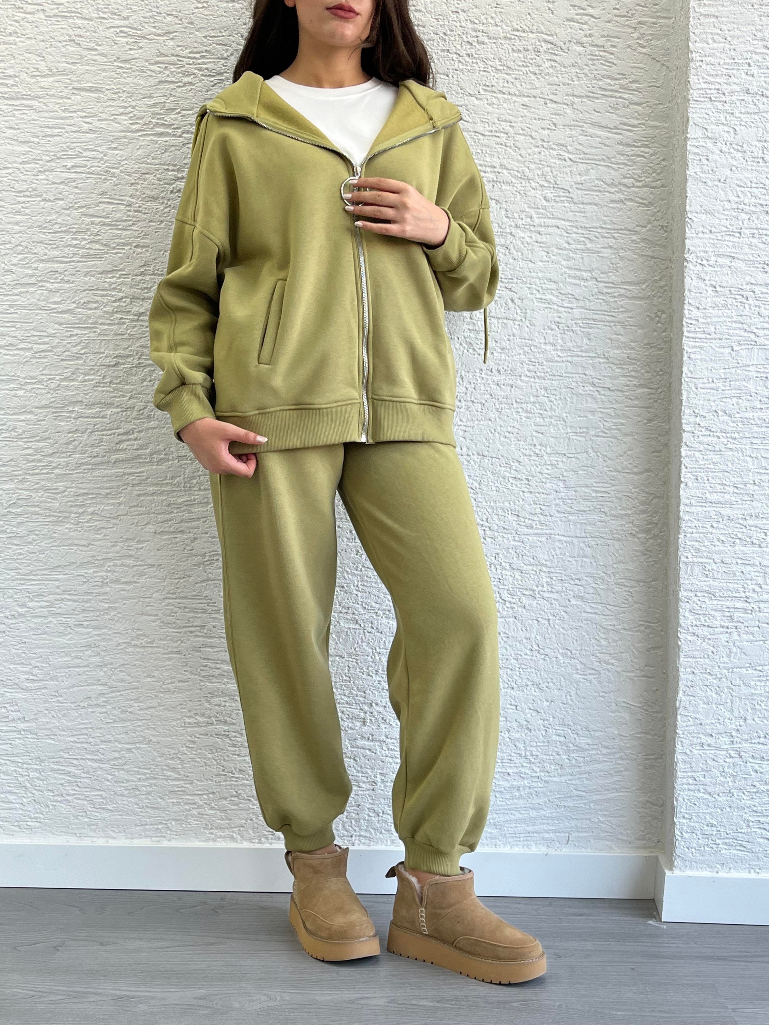 Yağ Yeşili Üç İplik Şardonlu Eşofman Takım