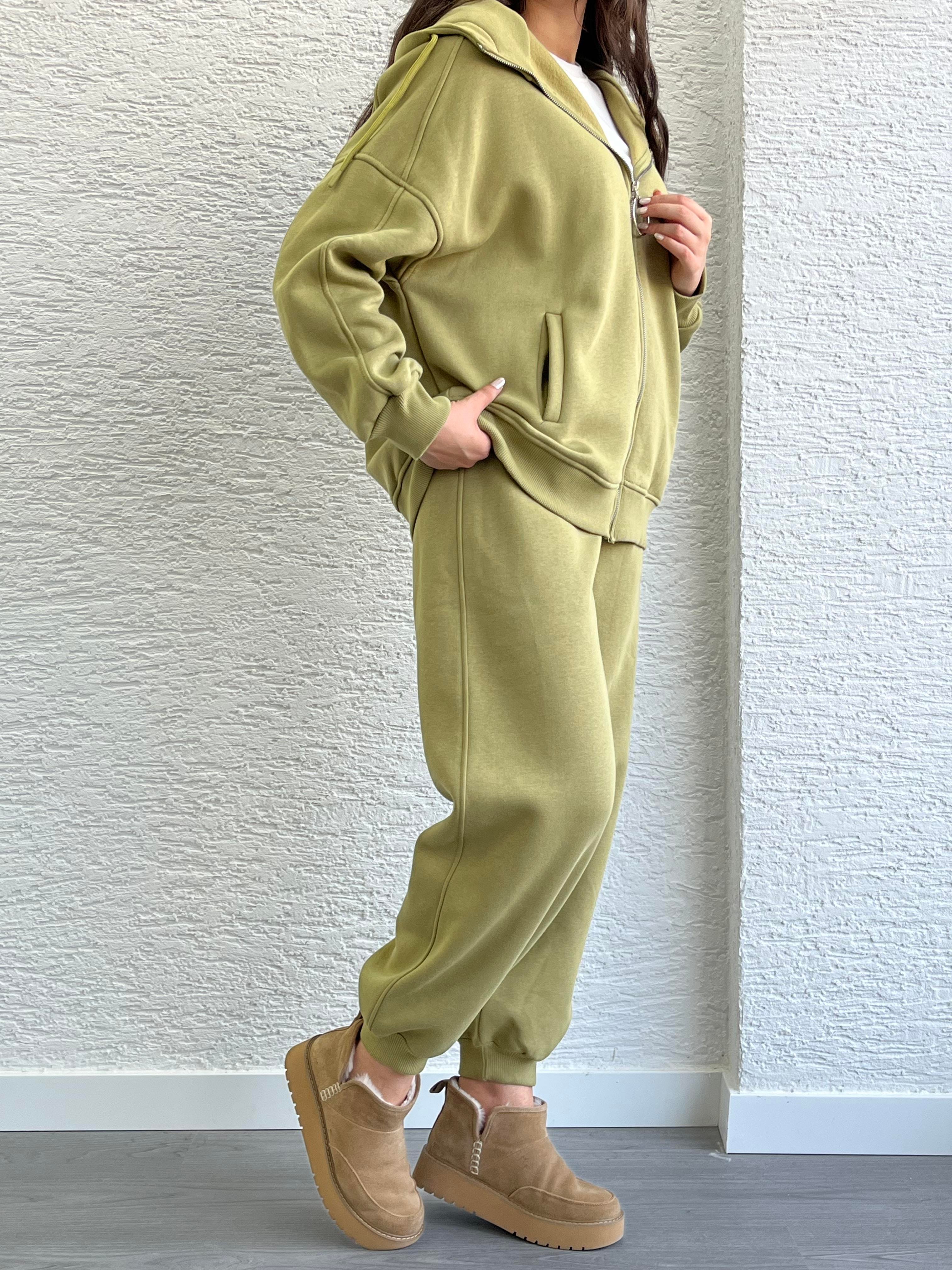 Yağ Yeşili Üç İplik Şardonlu Eşofman Takım