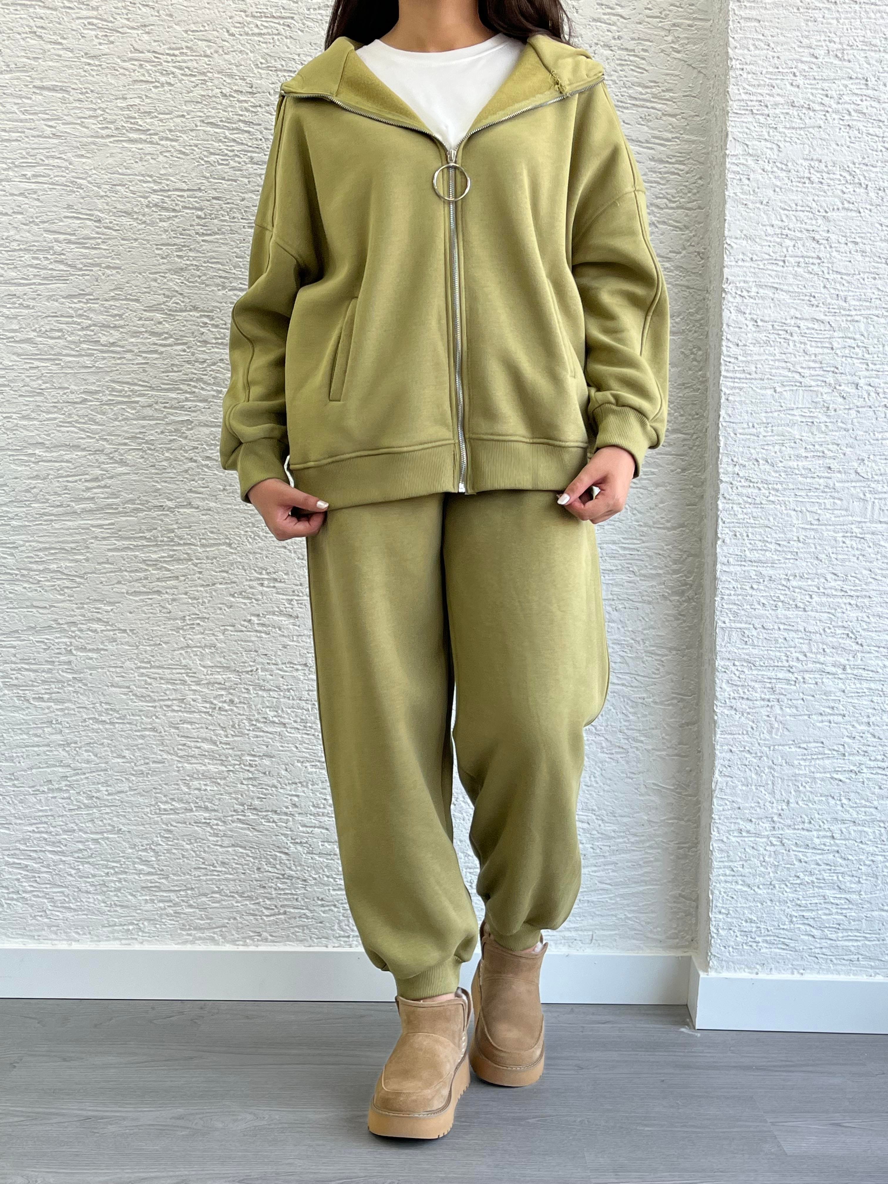 Yağ Yeşili Üç İplik Şardonlu Eşofman Takım