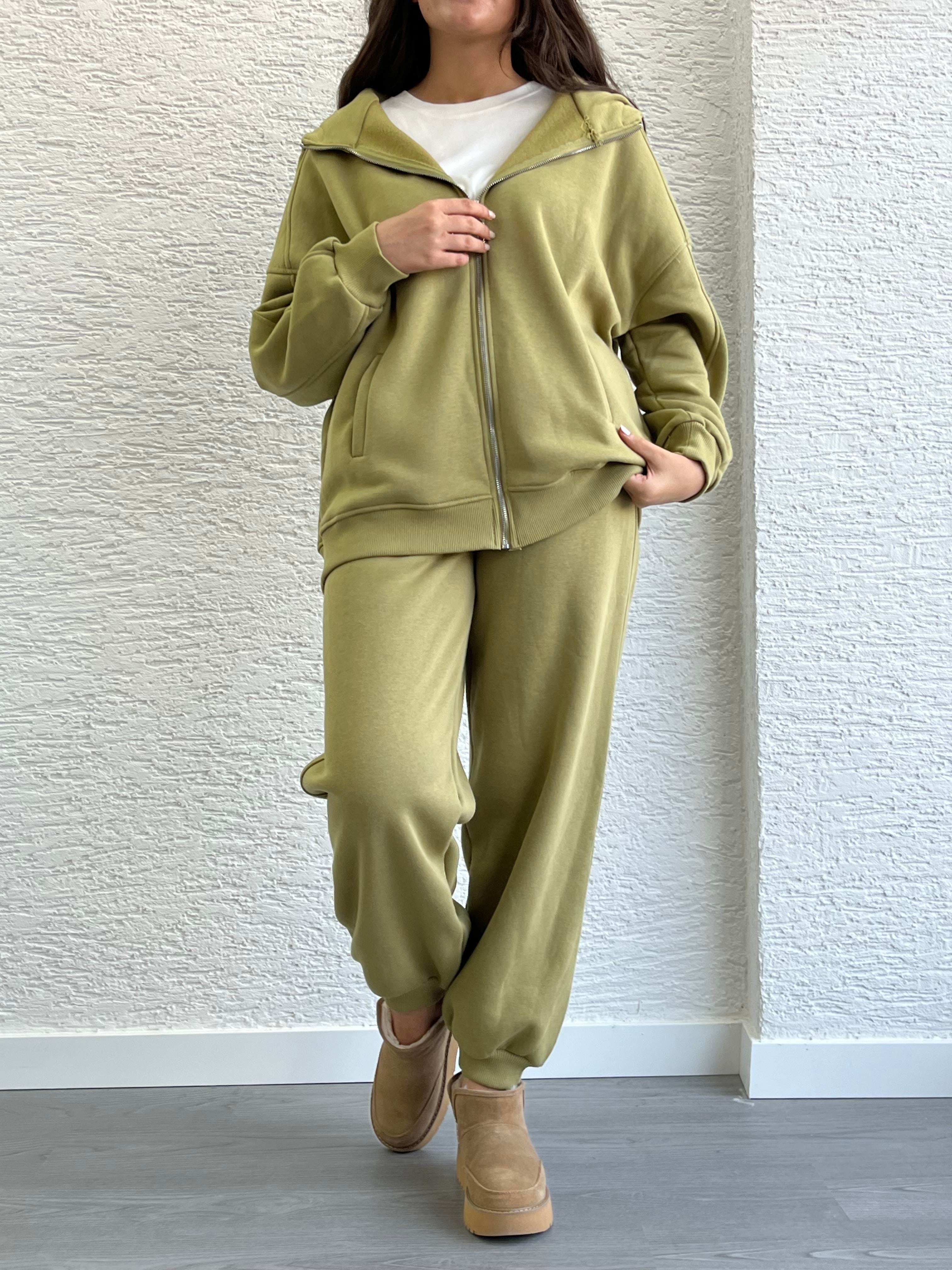 Yağ Yeşili Üç İplik Şardonlu Eşofman Takım