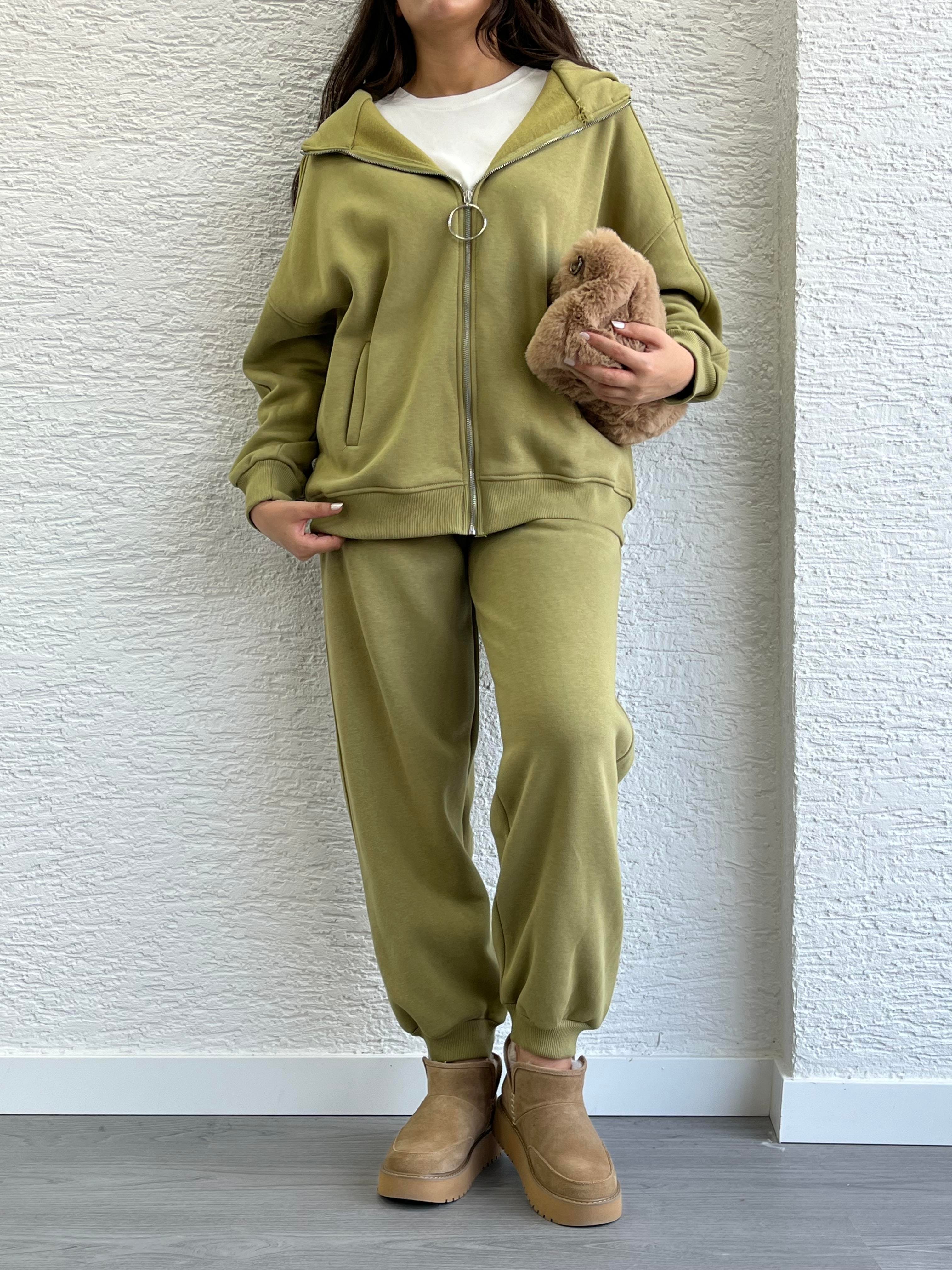 Yağ Yeşili Üç İplik Şardonlu Eşofman Takım