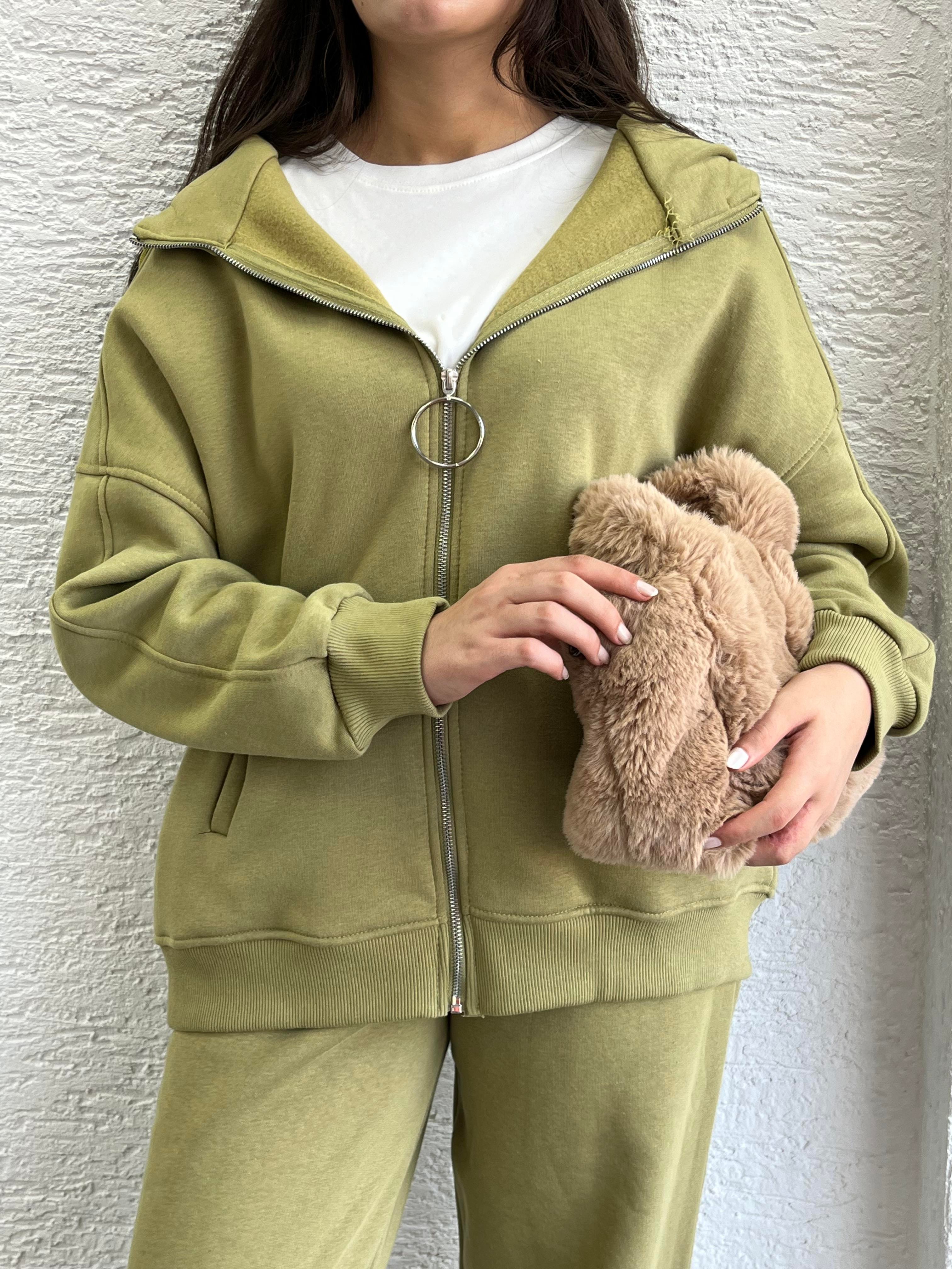 Yağ Yeşili Üç İplik Şardonlu Eşofman Takım