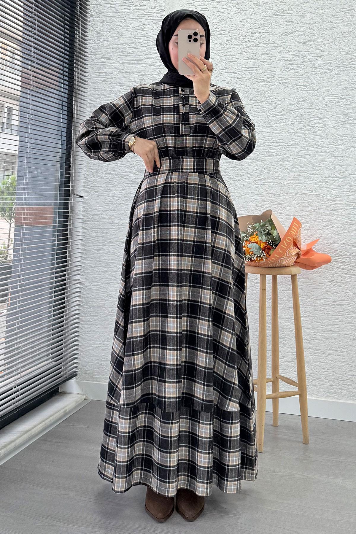 Yaka Düğmeli Kemerli Ekose Desen Uzun Elbise - Siyah