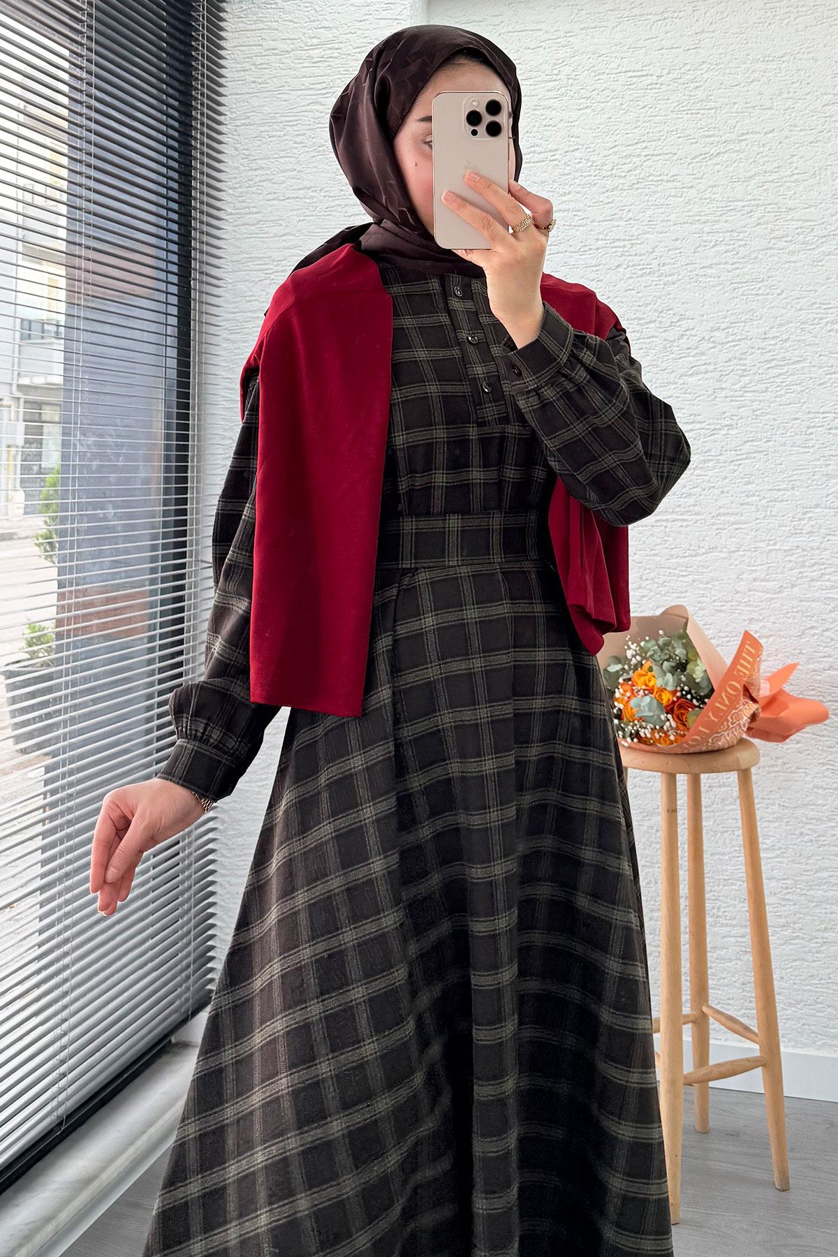 Yaka Düğmeli Kemerli Ekose Desen Uzun Elbise - Acı Kahve