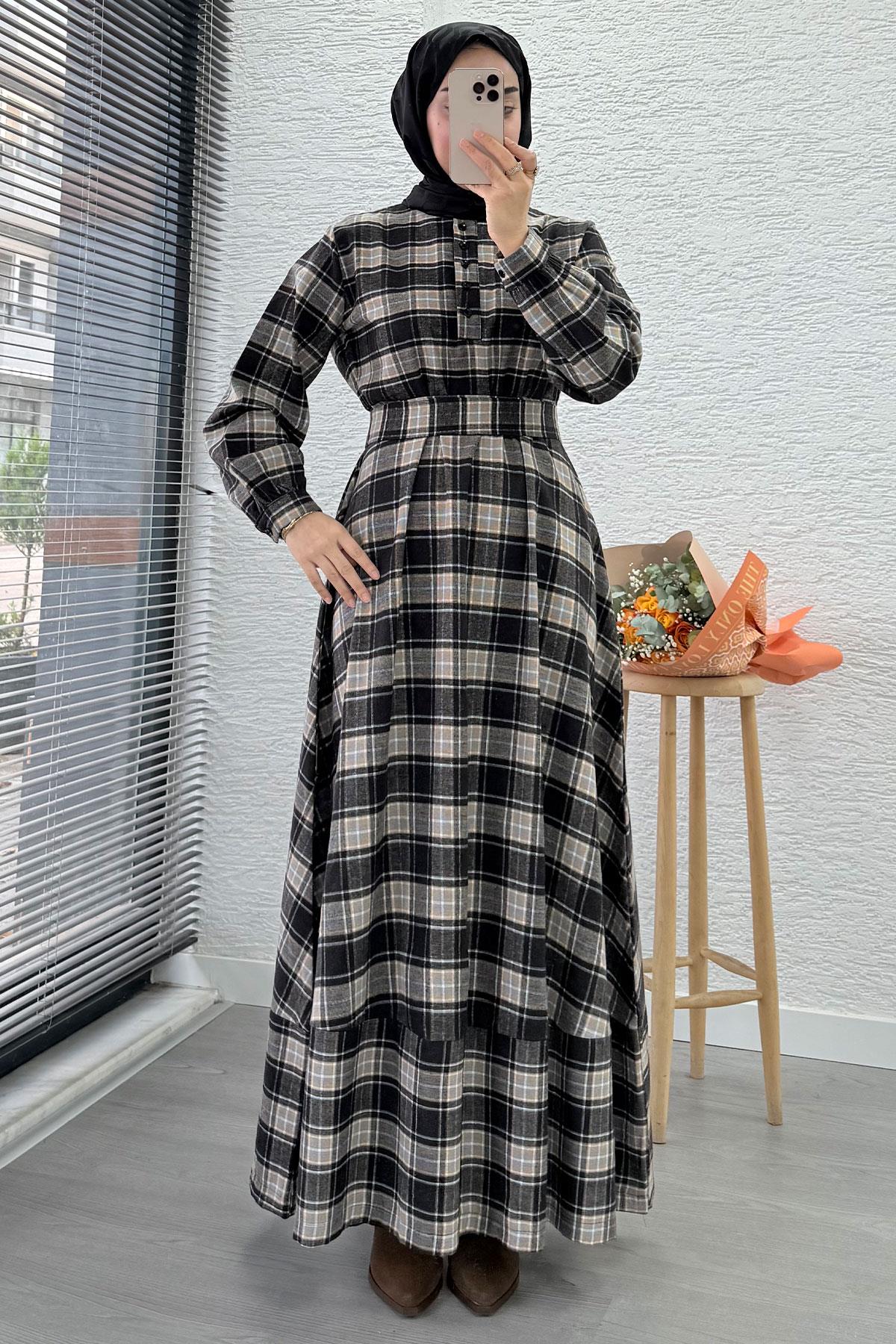 Yaka Düğmeli Kemerli Ekose Desen Uzun Elbise - Siyah