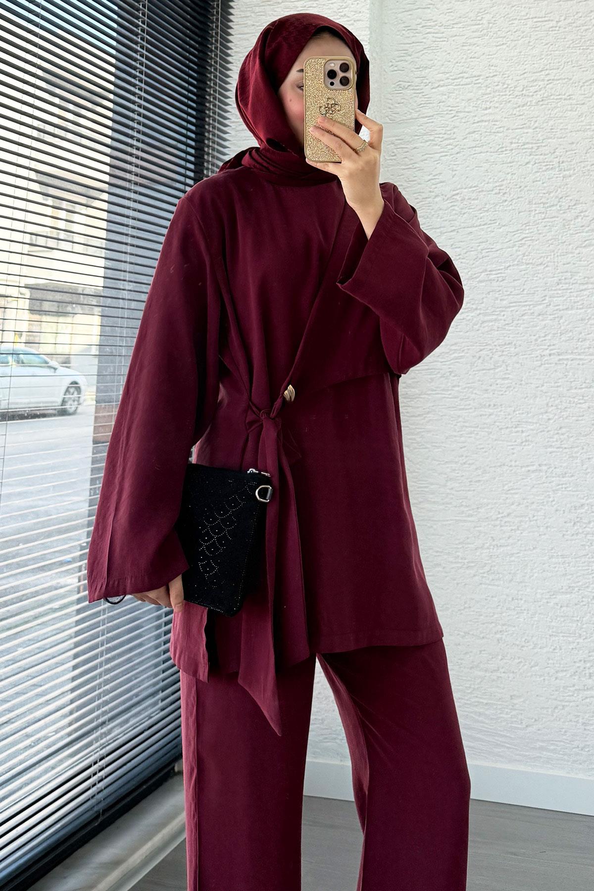 Yandan Bağlamalı Broş Detaylı Kadın İkili Takım — Bordo