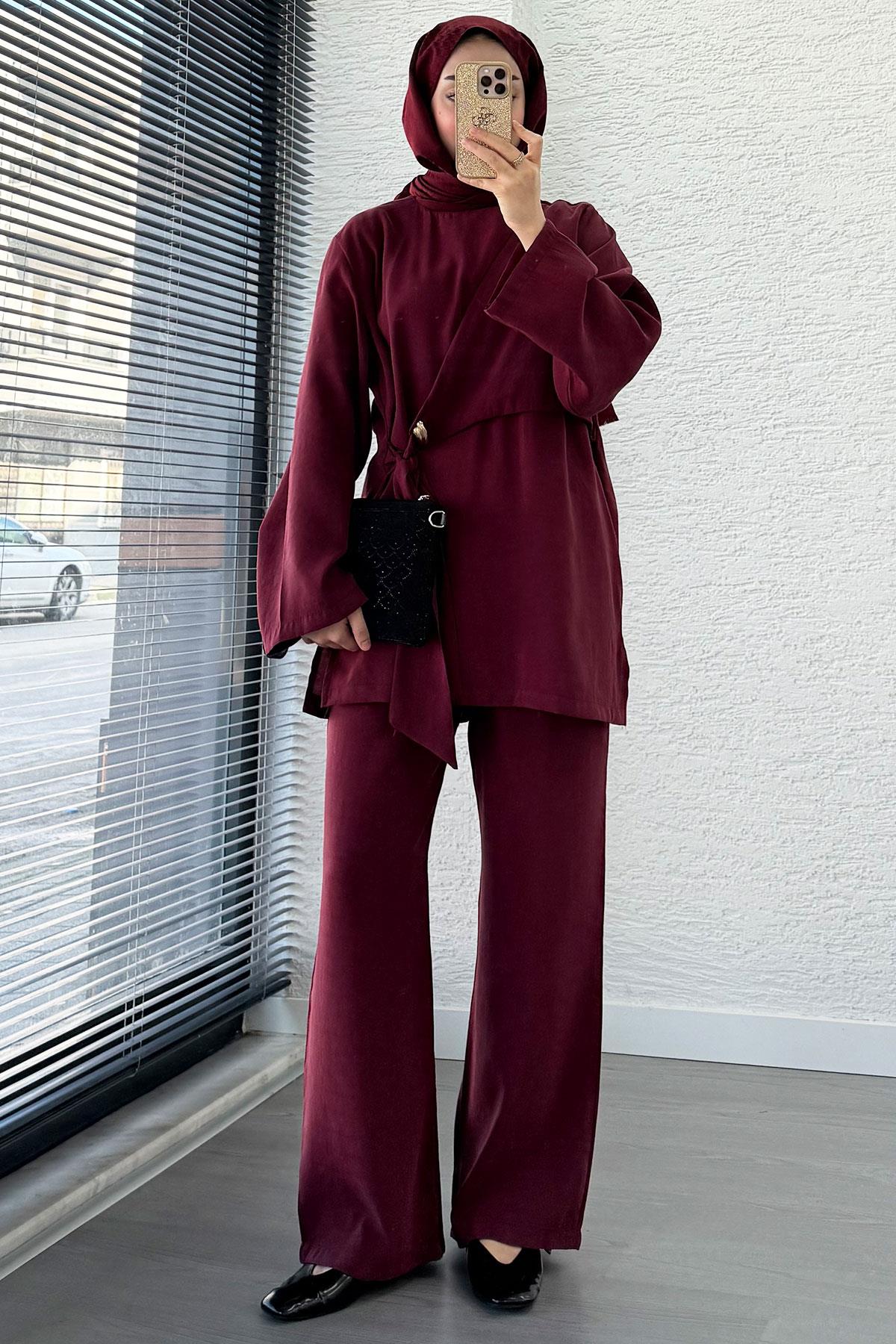 Yandan Bağlamalı Broş Detaylı Kadın İkili Takım — Bordo
