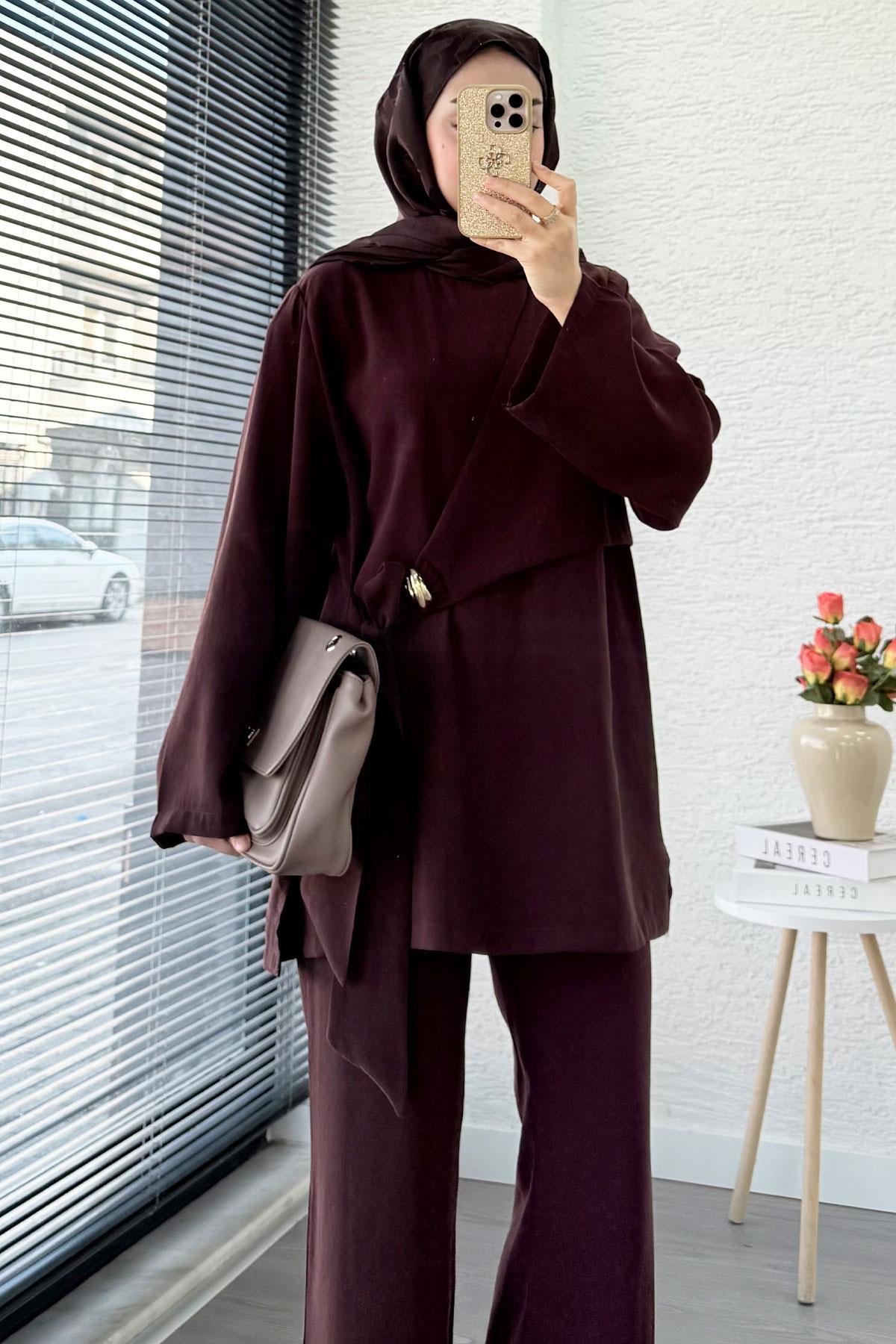 Yandan Bağlamalı Broş Detaylı Kadın İkili Takım — Kahverengi