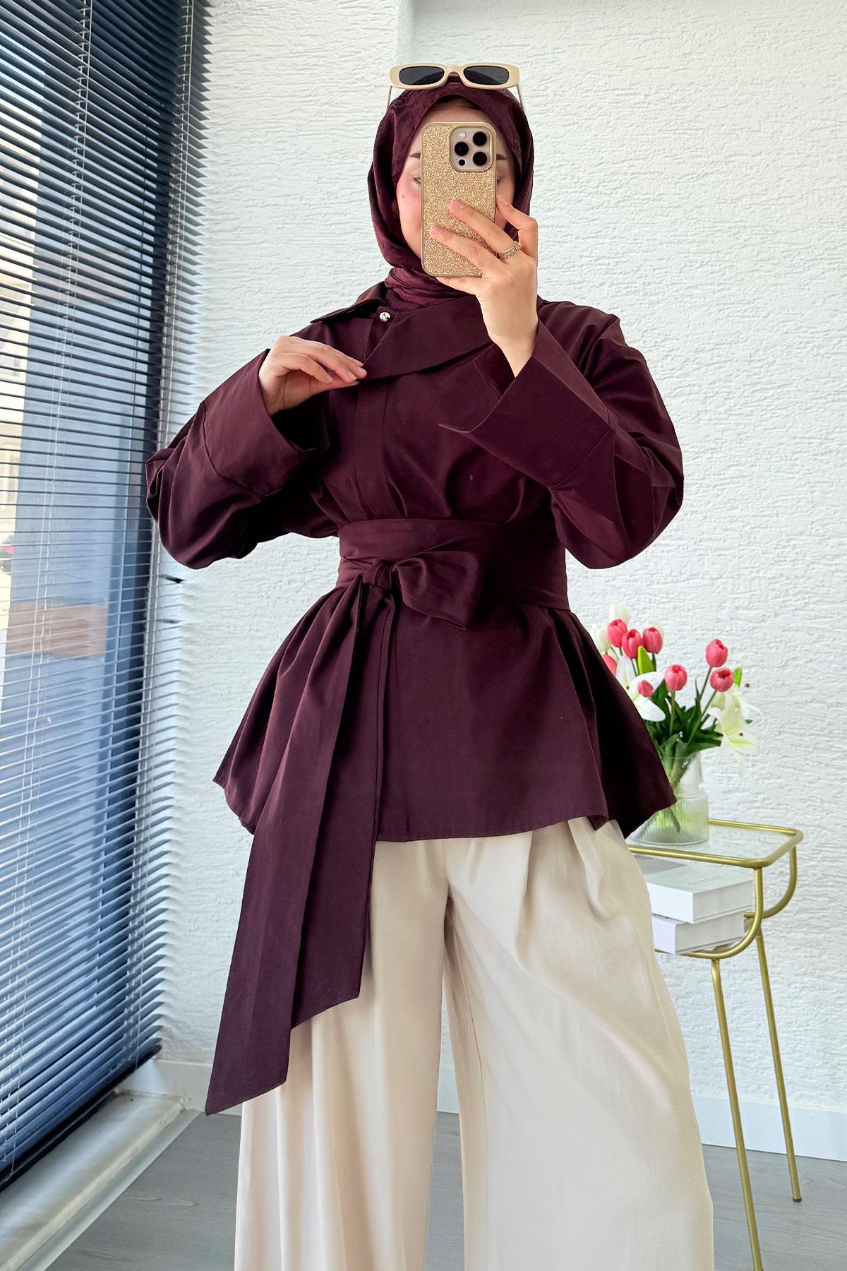 Yandan Düğmeli Geniş Kemerli Poplin Tunik – Bordo