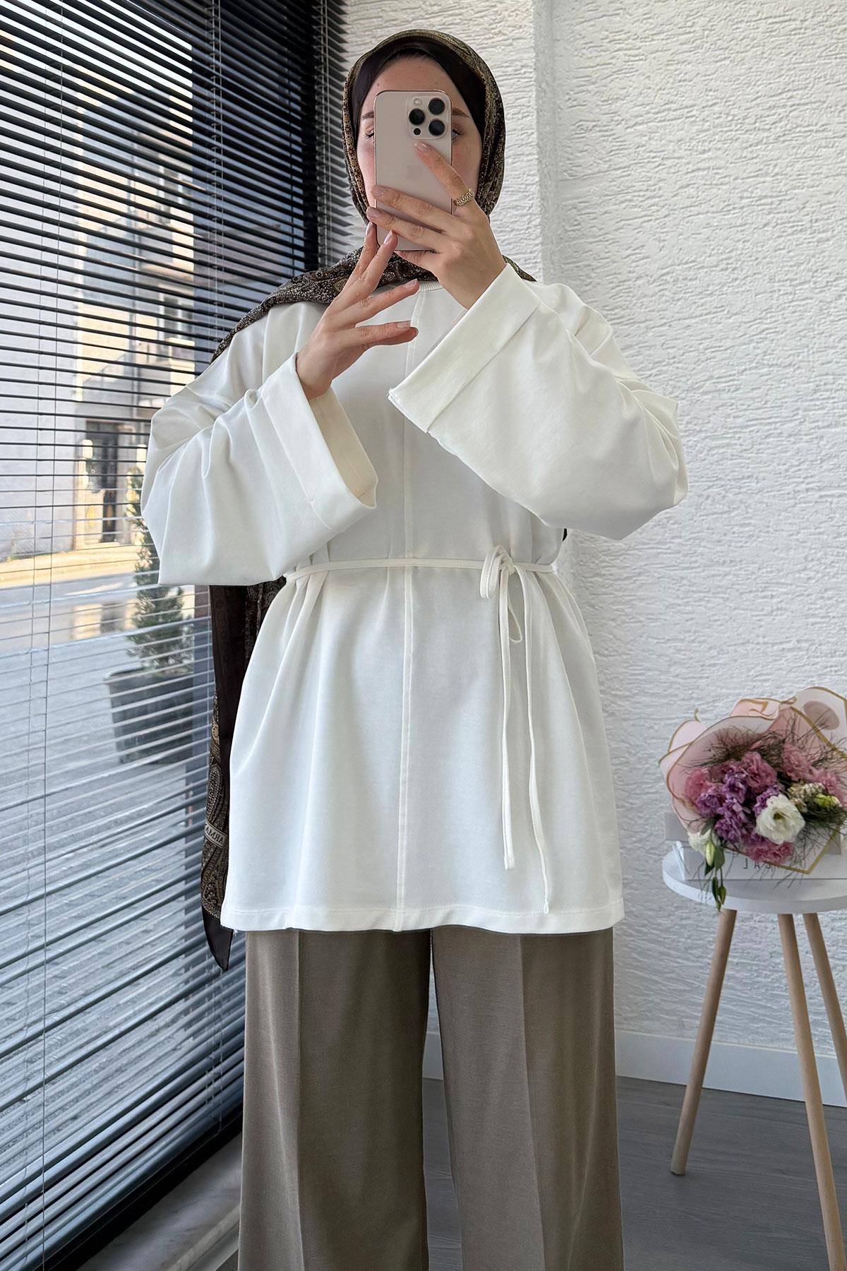 Yanları Yırtmaç Detaylı Basic Tunik - Beyaz