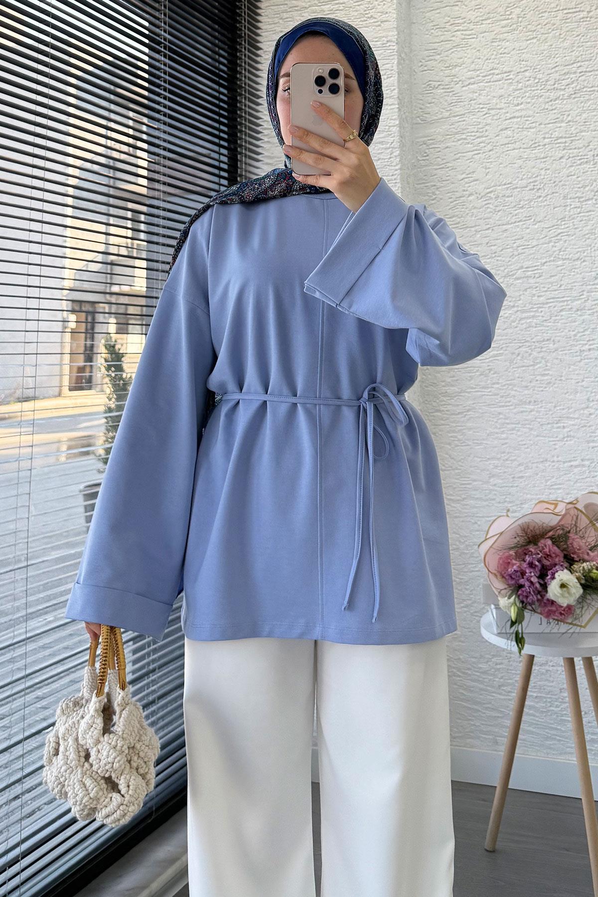Yanları Yırtmaç Detaylı Basic Tunik - Mavi