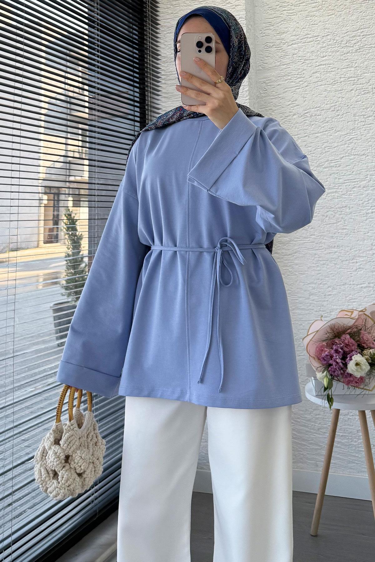 Yanları Yırtmaç Detaylı Basic Tunik - Mavi