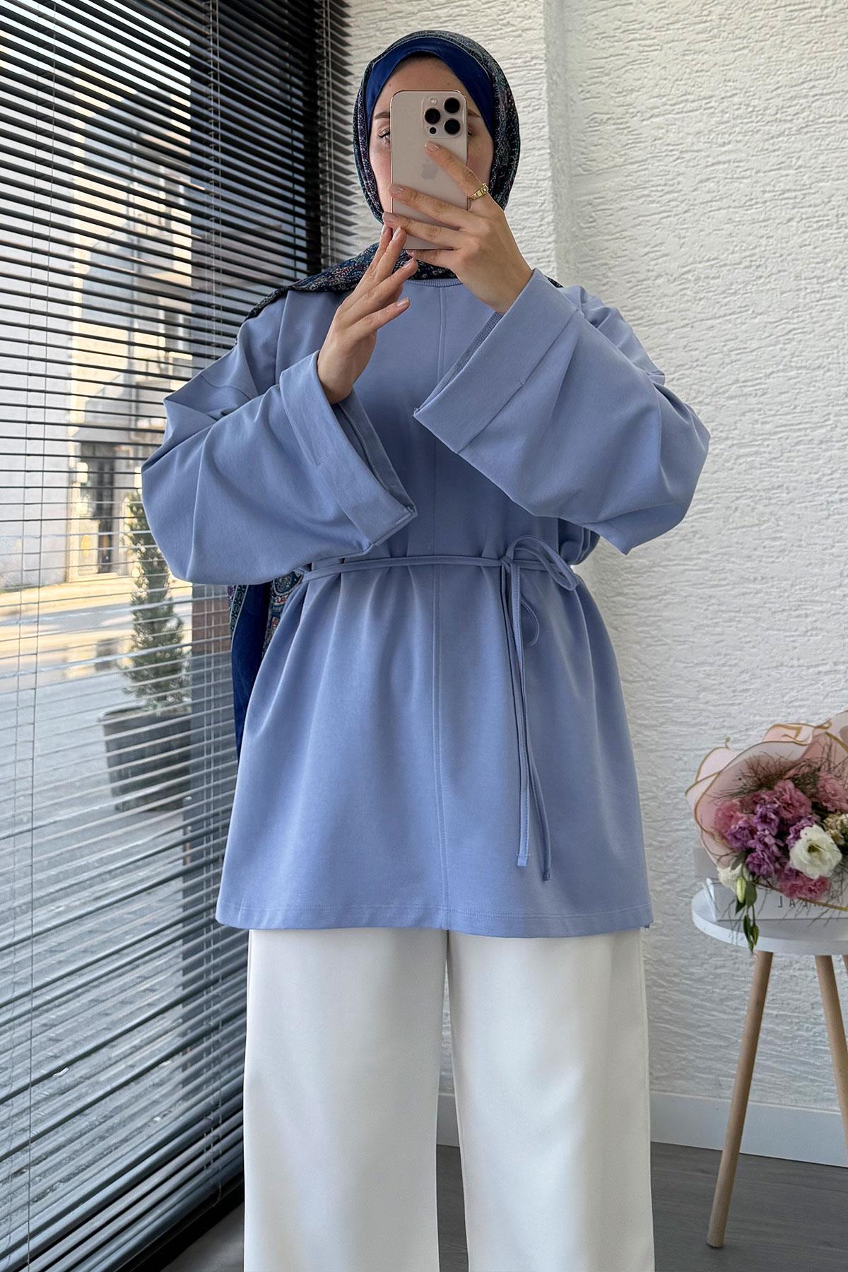 Yanları Yırtmaç Detaylı Basic Tunik - Mavi