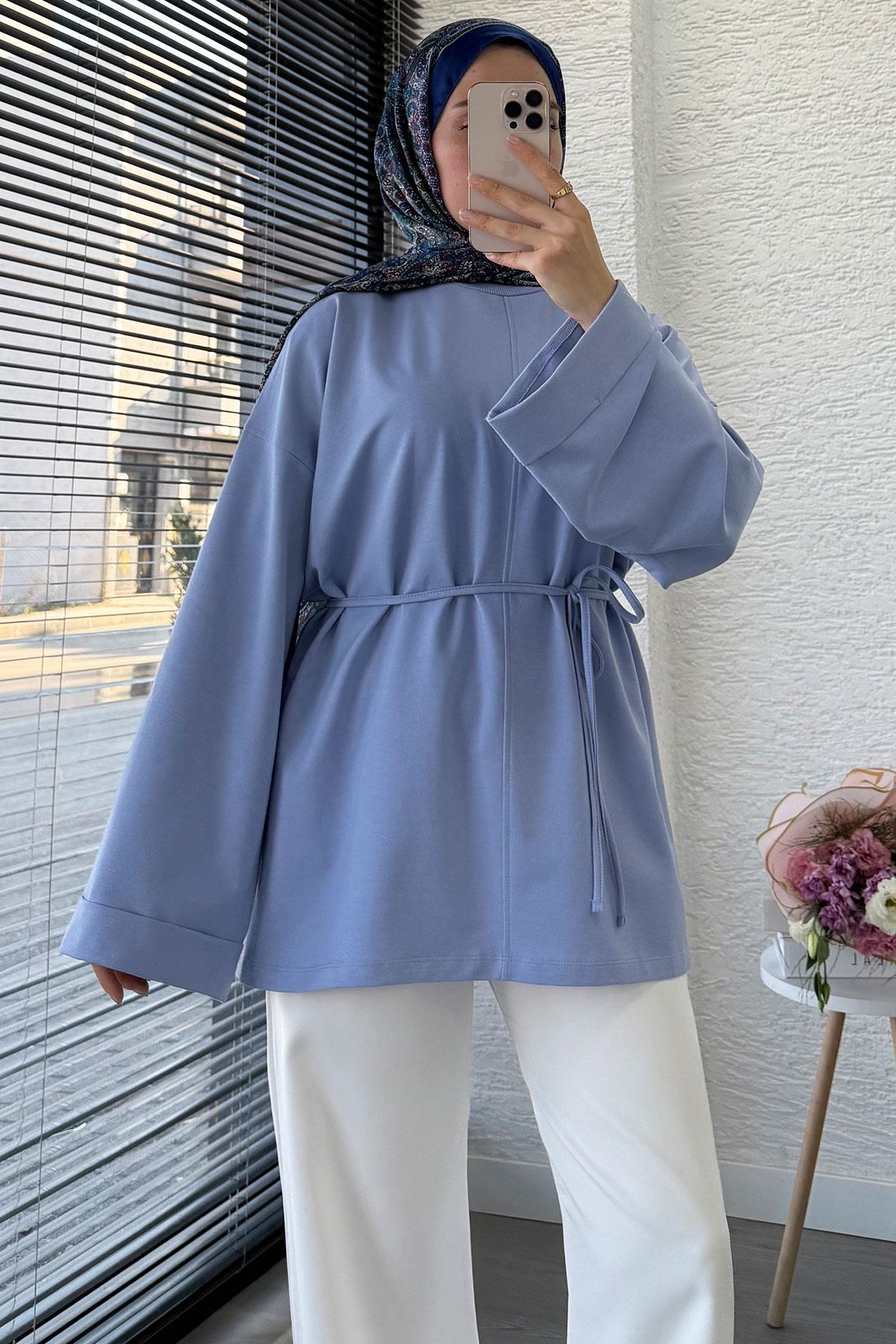 Yanları Yırtmaç Detaylı Basic Tunik - Mavi