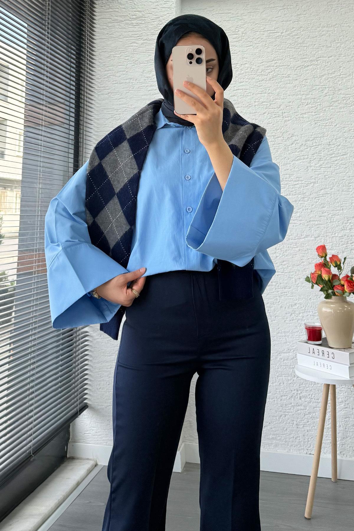 Yüksek Bel İspanyol Paça Kadın Pantolon – Lacivert