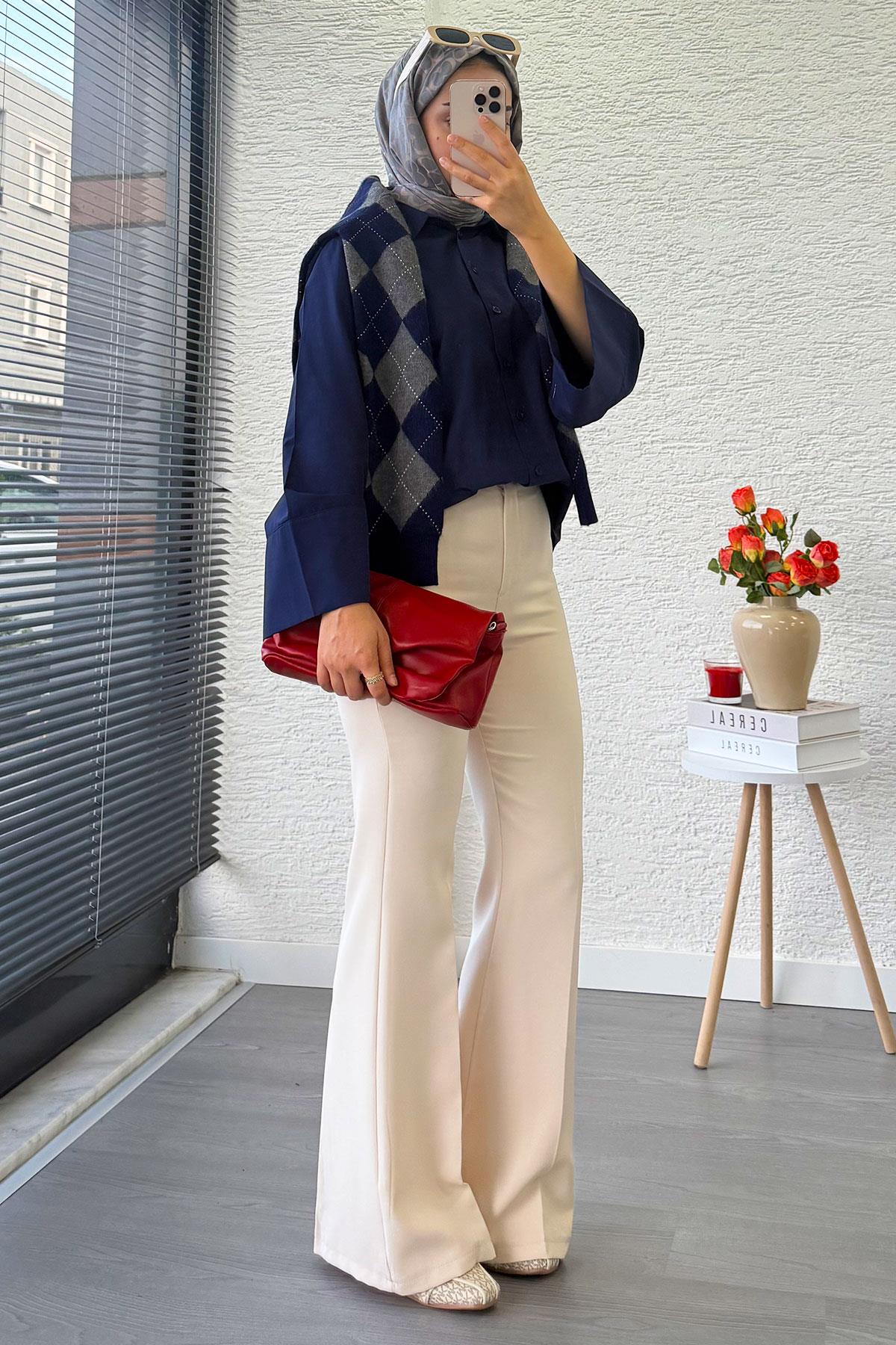 Yüksek Bel İspanyol Paça Kadın Pantolon – Krem