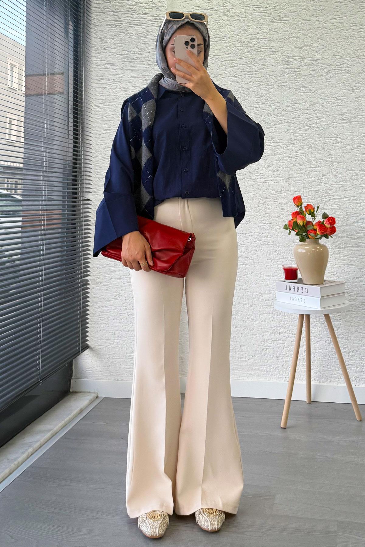 Yüksek Bel İspanyol Paça Kadın Pantolon – Krem