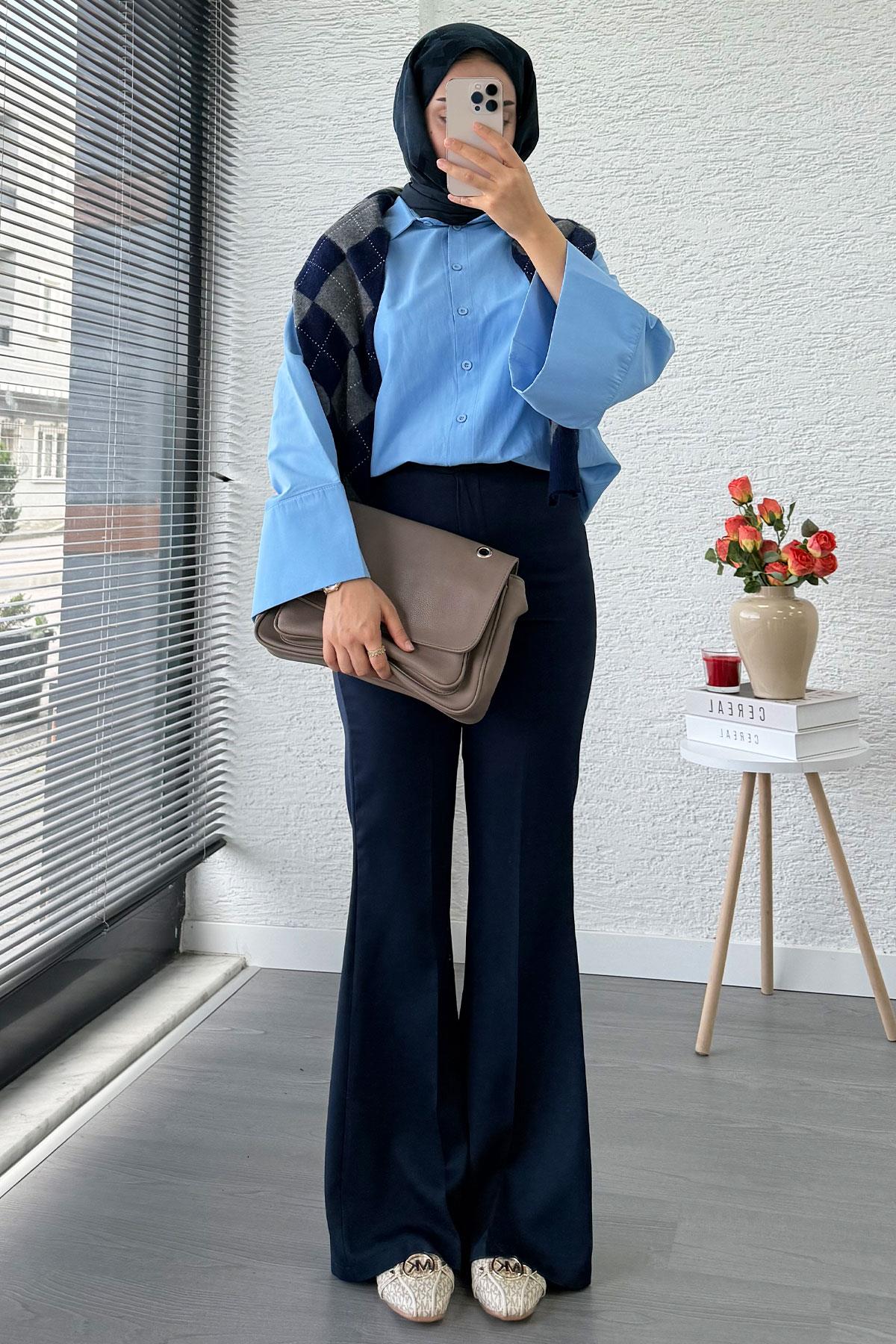 Yüksek Bel İspanyol Paça Kadın Pantolon – Lacivert