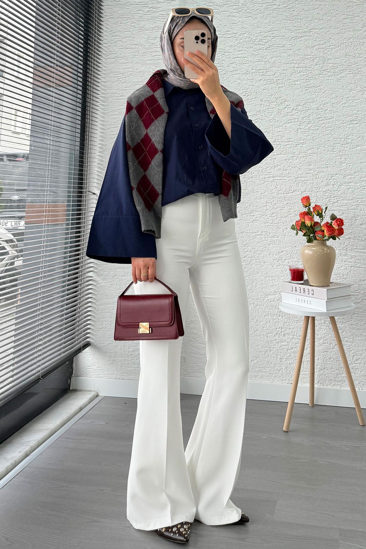 Yüksek Bel İspanyol Paça Kadın Pantolon – Beyaz