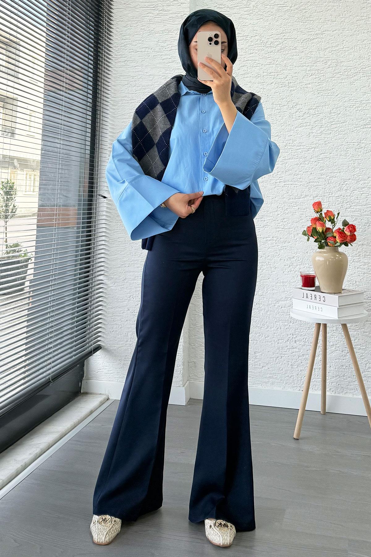 Yüksek Bel İspanyol Paça Kadın Pantolon – Lacivert