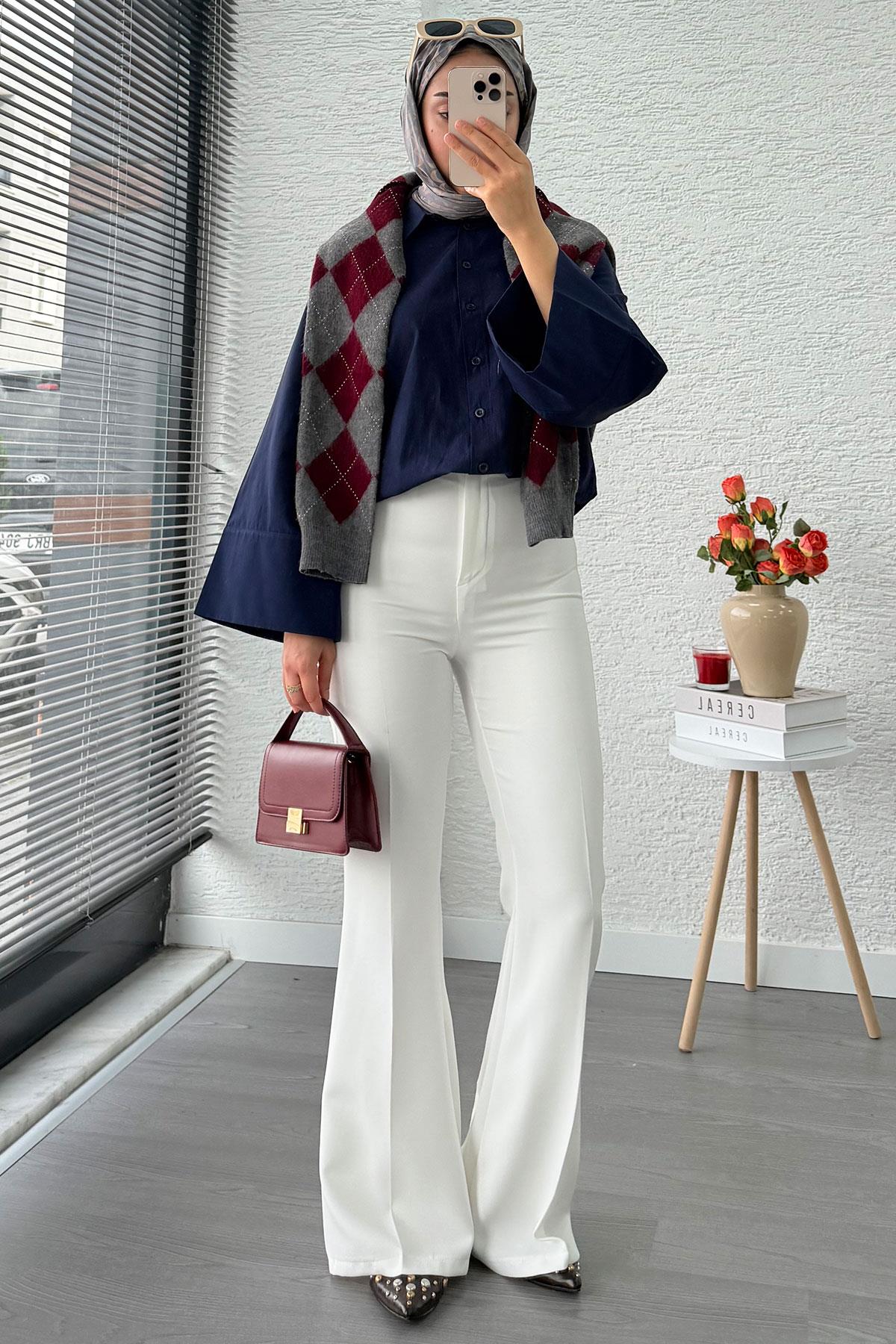 Yüksek Bel İspanyol Paça Kadın Pantolon – Beyaz