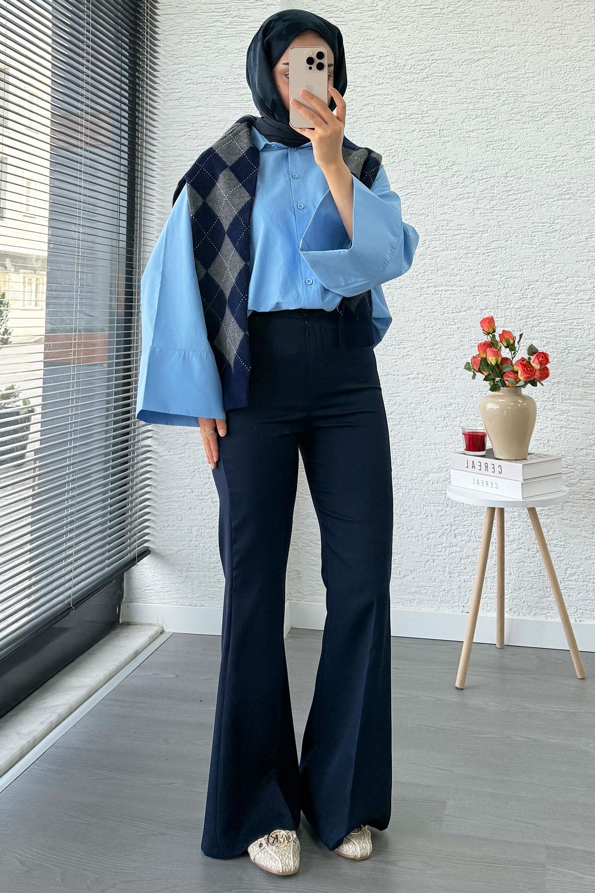 Yüksek Bel İspanyol Paça Kadın Pantolon – Lacivert