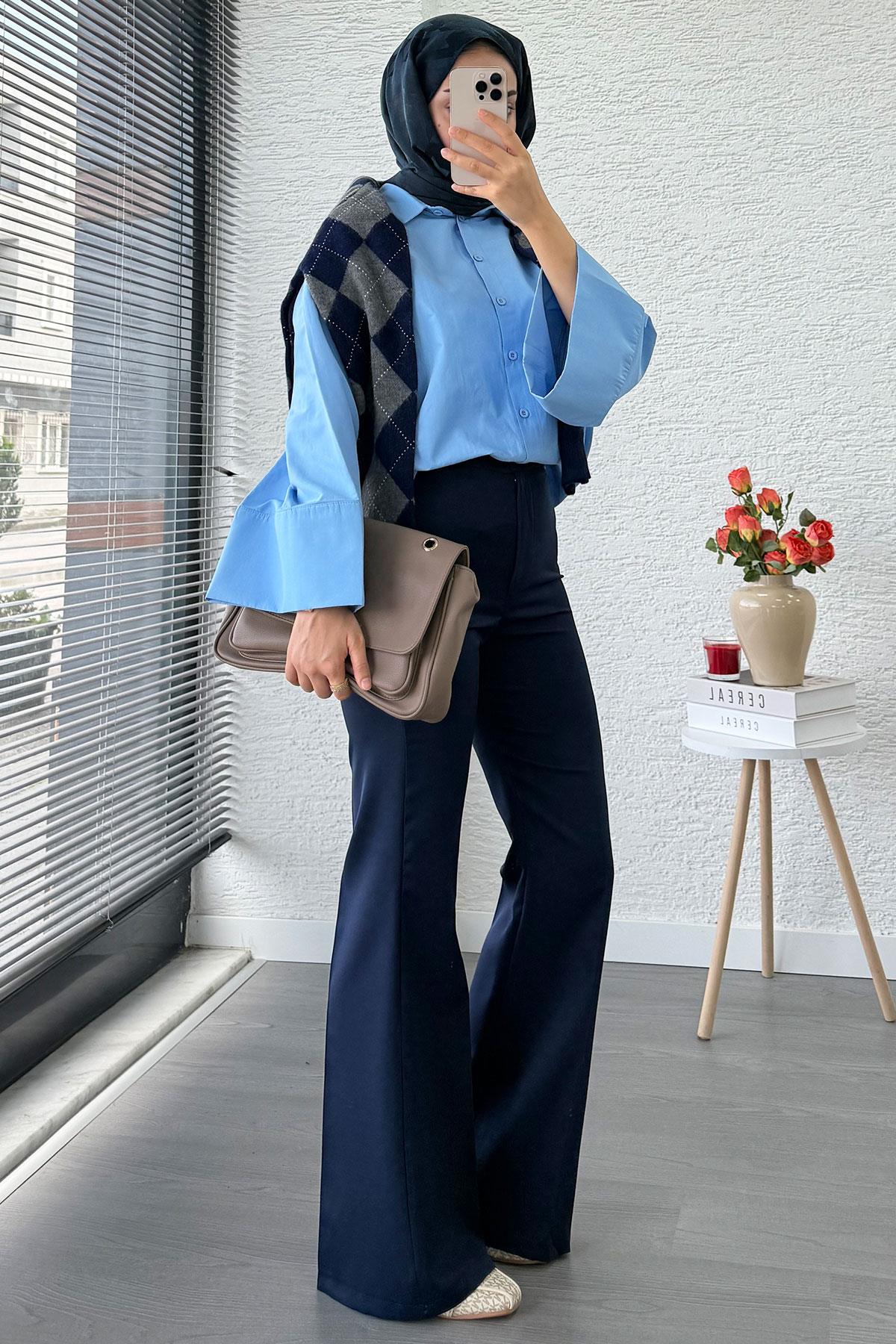 Yüksek Bel İspanyol Paça Kadın Pantolon – Lacivert