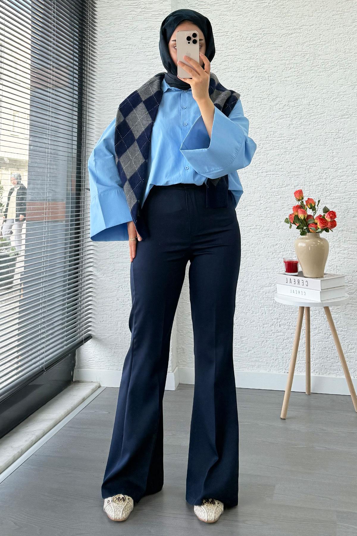 Yüksek Bel İspanyol Paça Kadın Pantolon – Lacivert