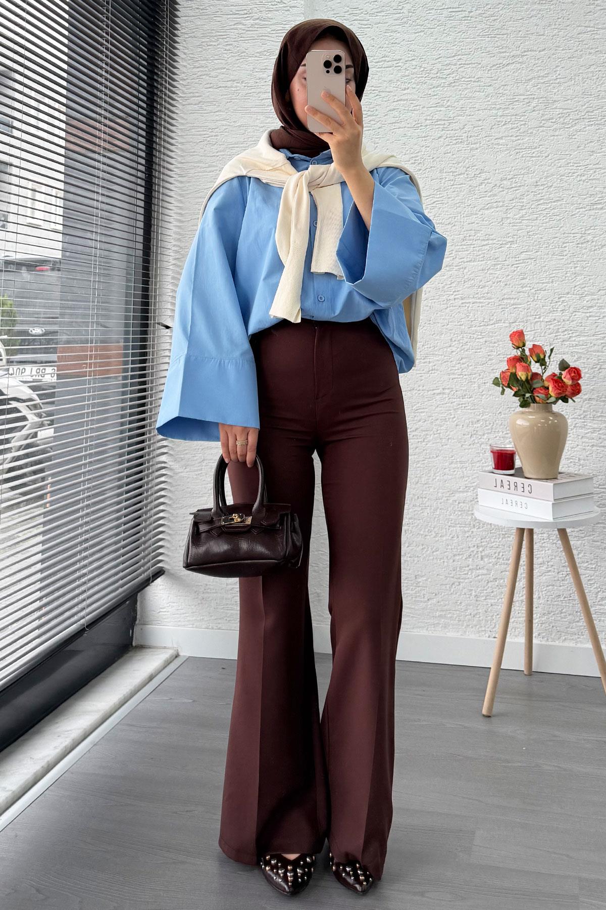 Yüksek Bel İspanyol Paça Kadın Pantolon – Kahverengi