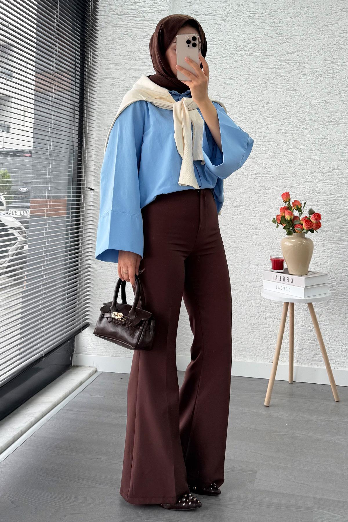 Yüksek Bel İspanyol Paça Kadın Pantolon – Kahverengi