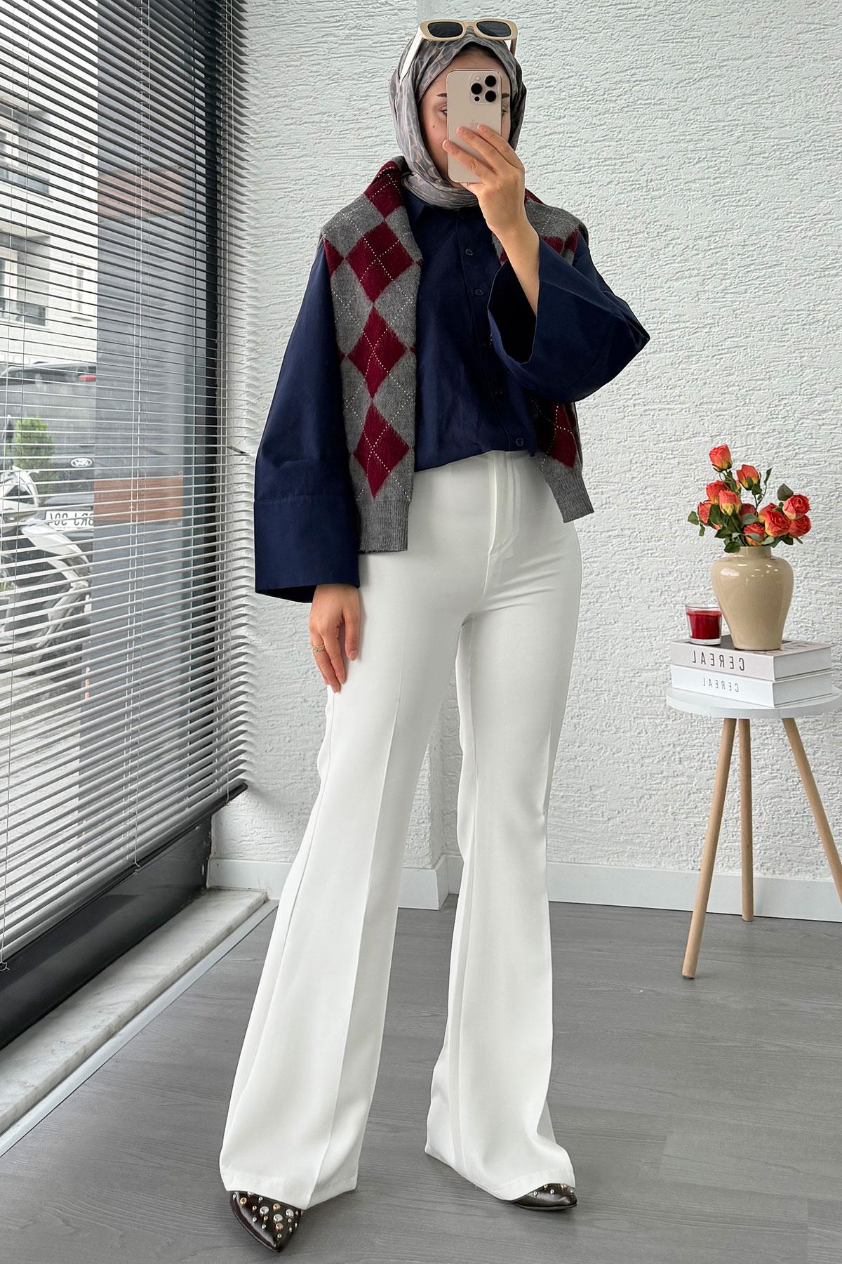 Yüksek Bel İspanyol Paça Kadın Pantolon – Beyaz