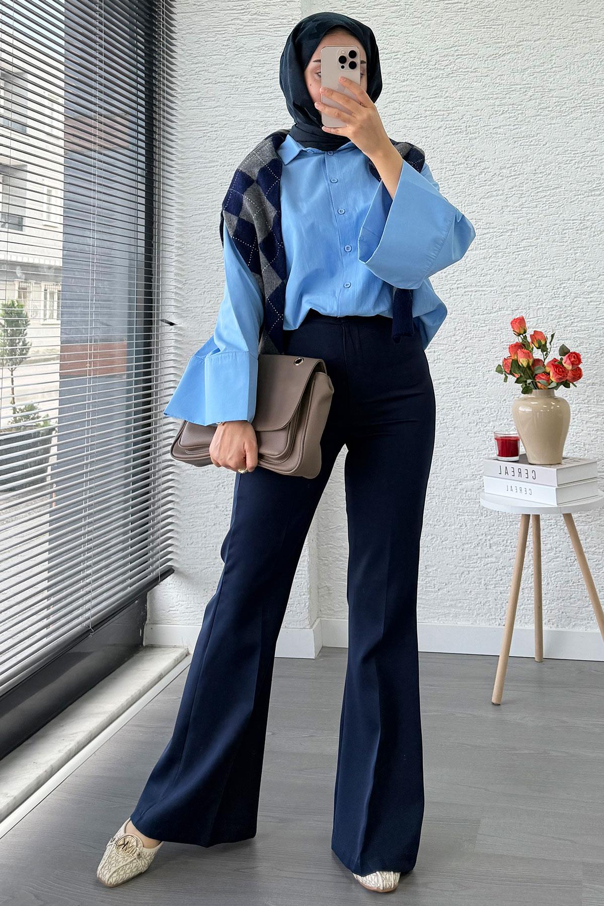 Yüksek Bel İspanyol Paça Kadın Pantolon – Lacivert