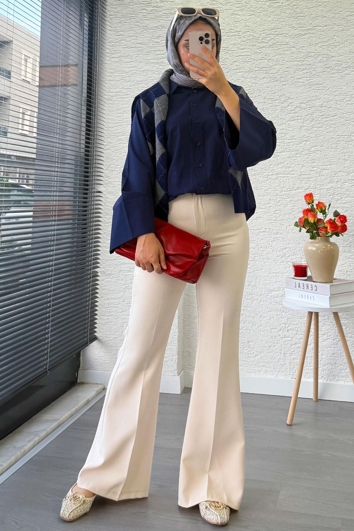 Yüksek Bel İspanyol Paça Kadın Pantolon – Krem