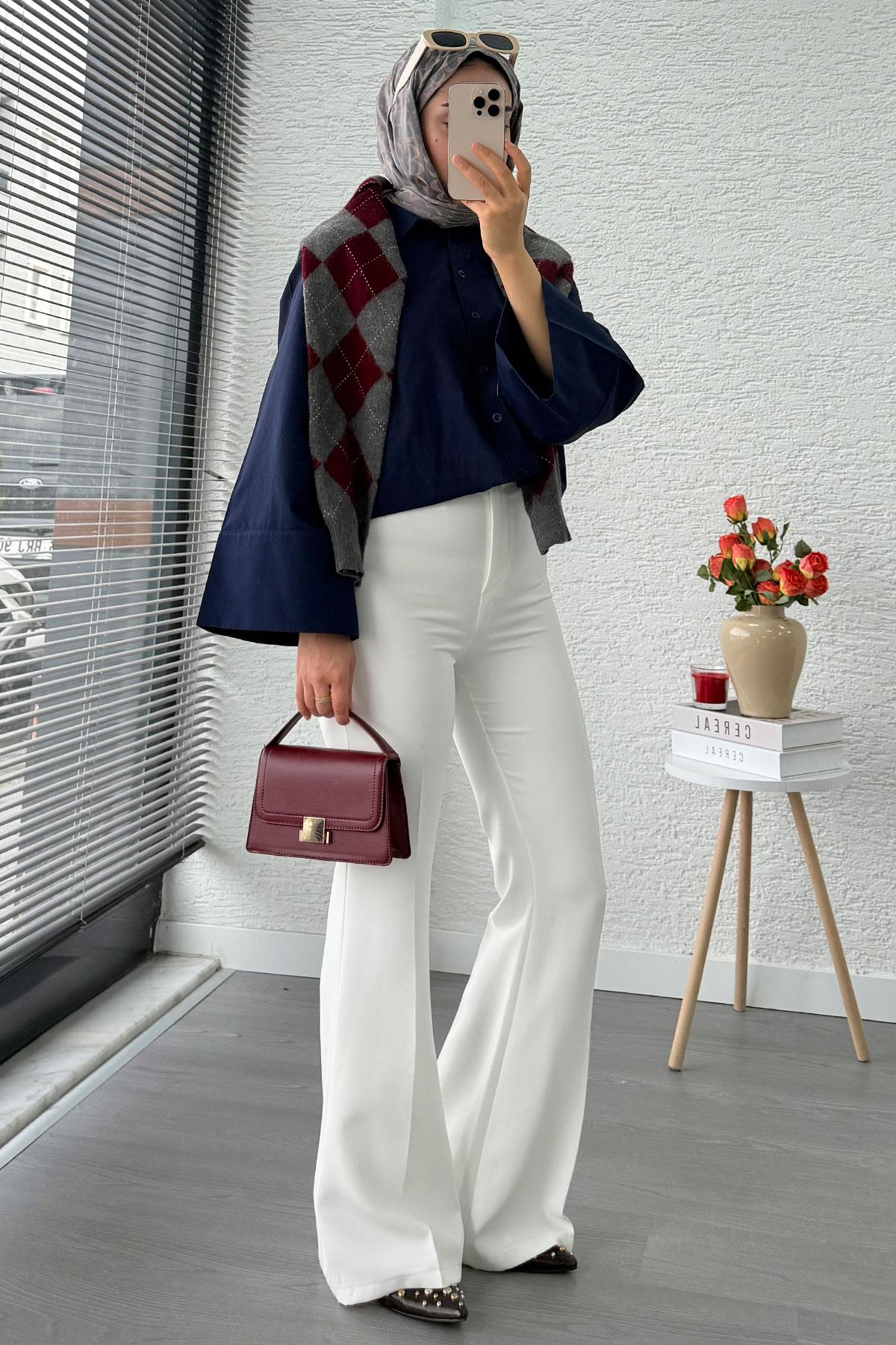 Yüksek Bel İspanyol Paça Kadın Pantolon – Beyaz