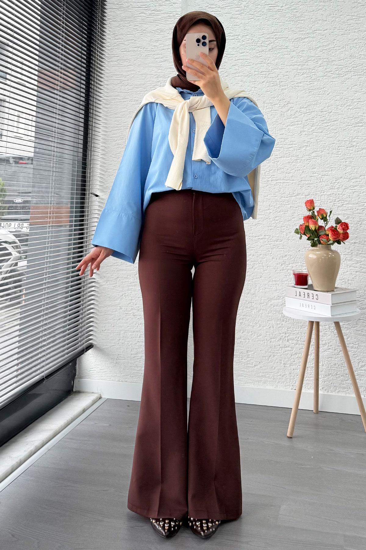 Yüksek Bel İspanyol Paça Kadın Pantolon – Kahverengi