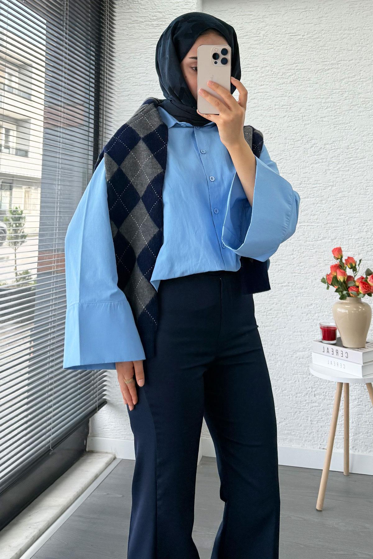 Yüksek Bel İspanyol Paça Kadın Pantolon – Lacivert