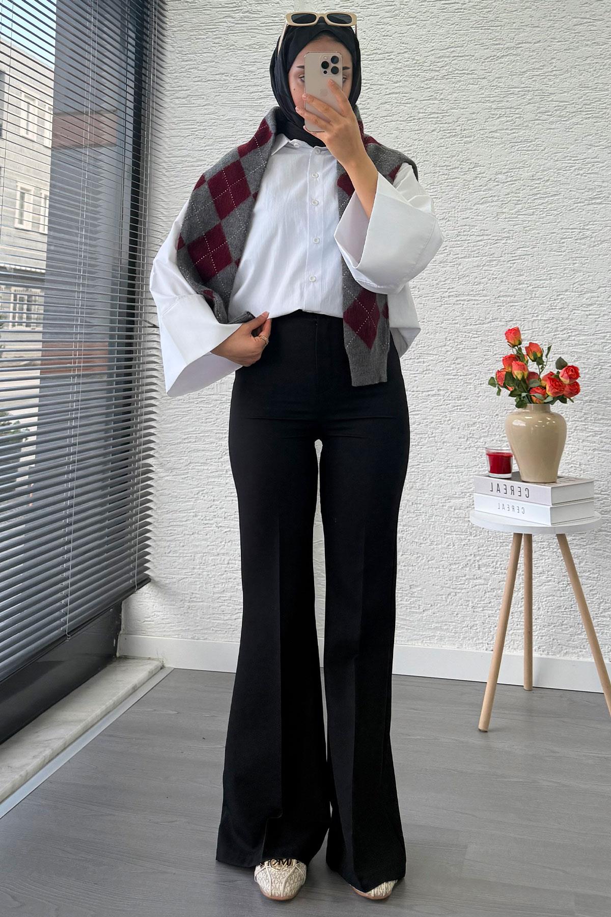 Yüksek Bel İspanyol Paça Kadın Pantolon – Siyah