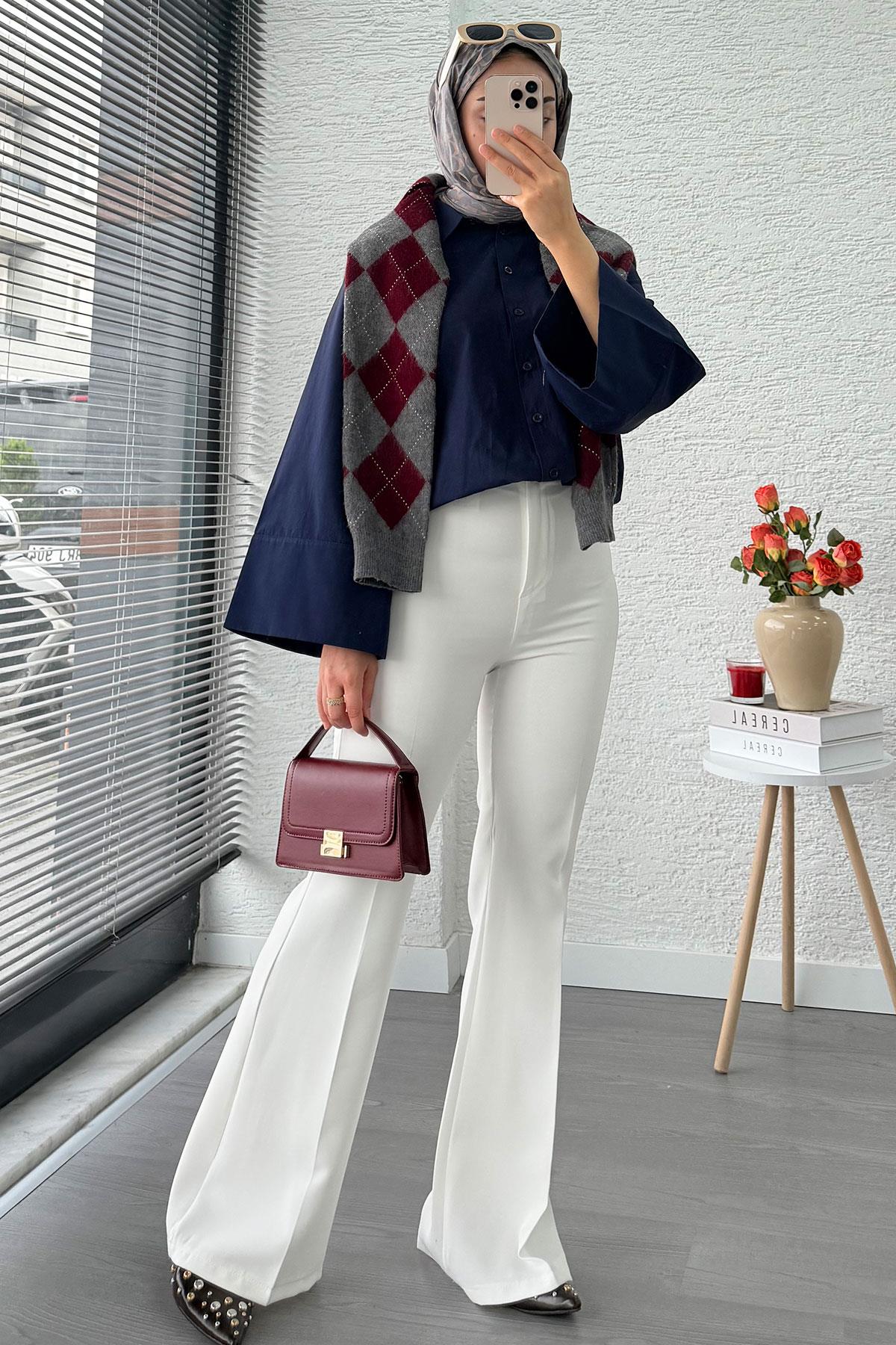 Yüksek Bel İspanyol Paça Kadın Pantolon – Beyaz