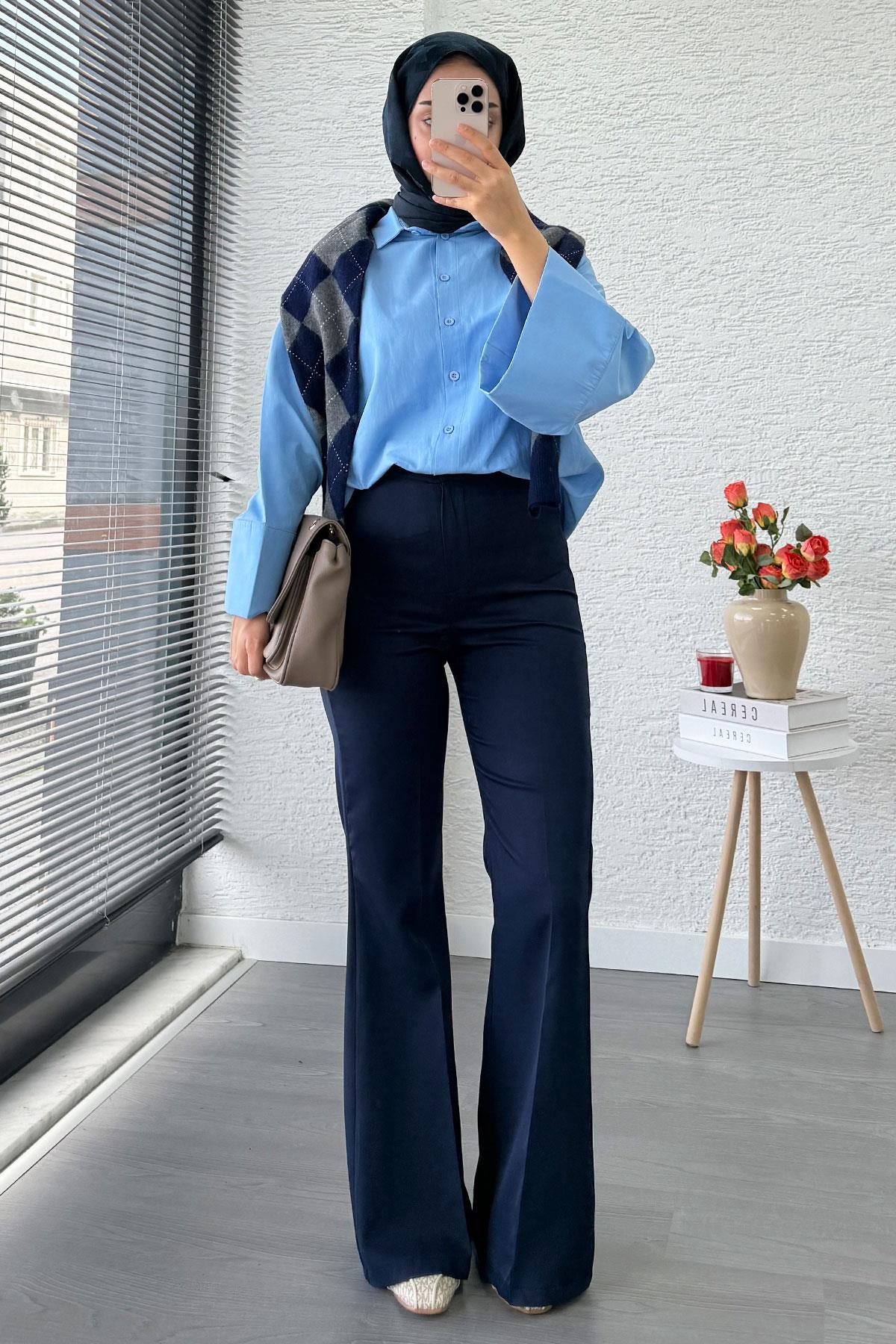 Yüksek Bel İspanyol Paça Kadın Pantolon – Lacivert