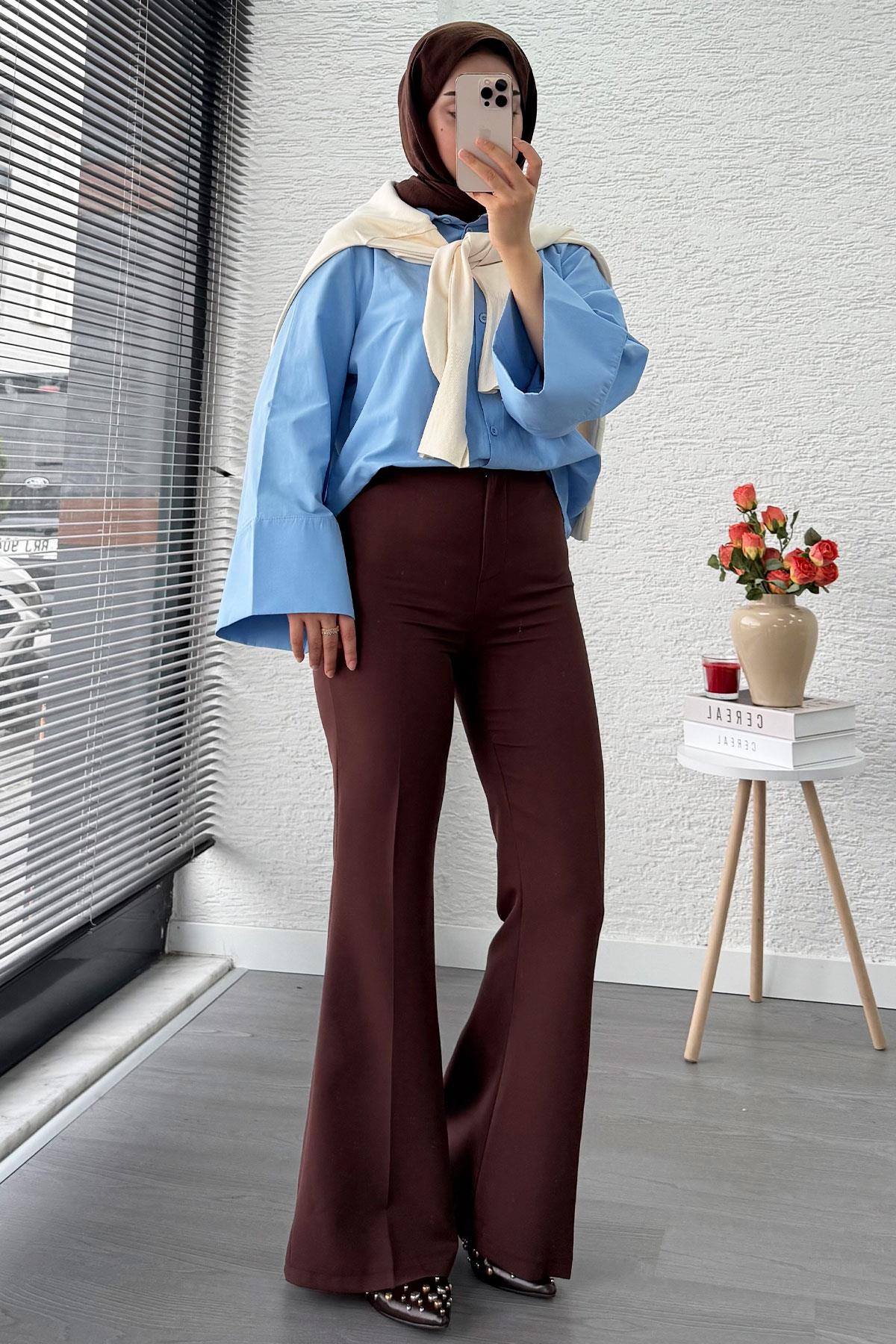 Yüksek Bel İspanyol Paça Kadın Pantolon – Kahverengi